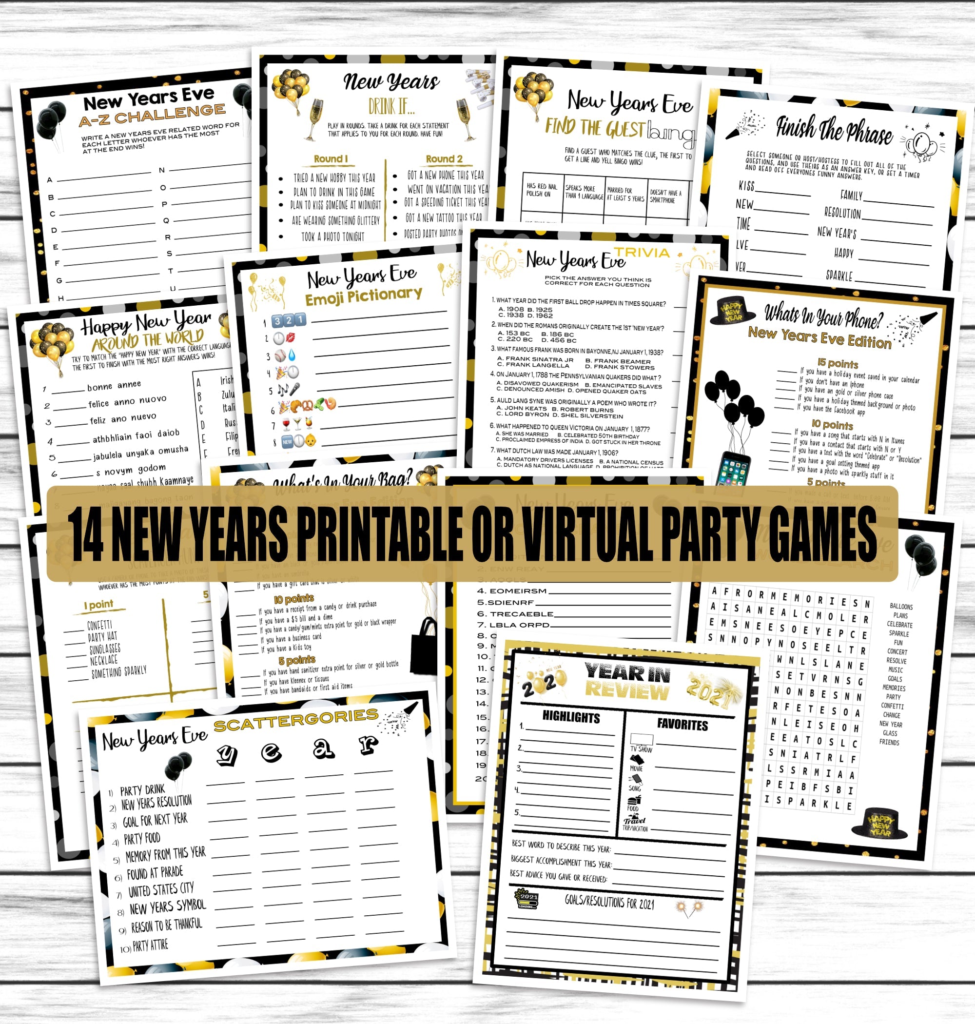 New Years Party Family 14 Game Set, Printable or Virtual Kids Adults Activity Bundle, Instant Download