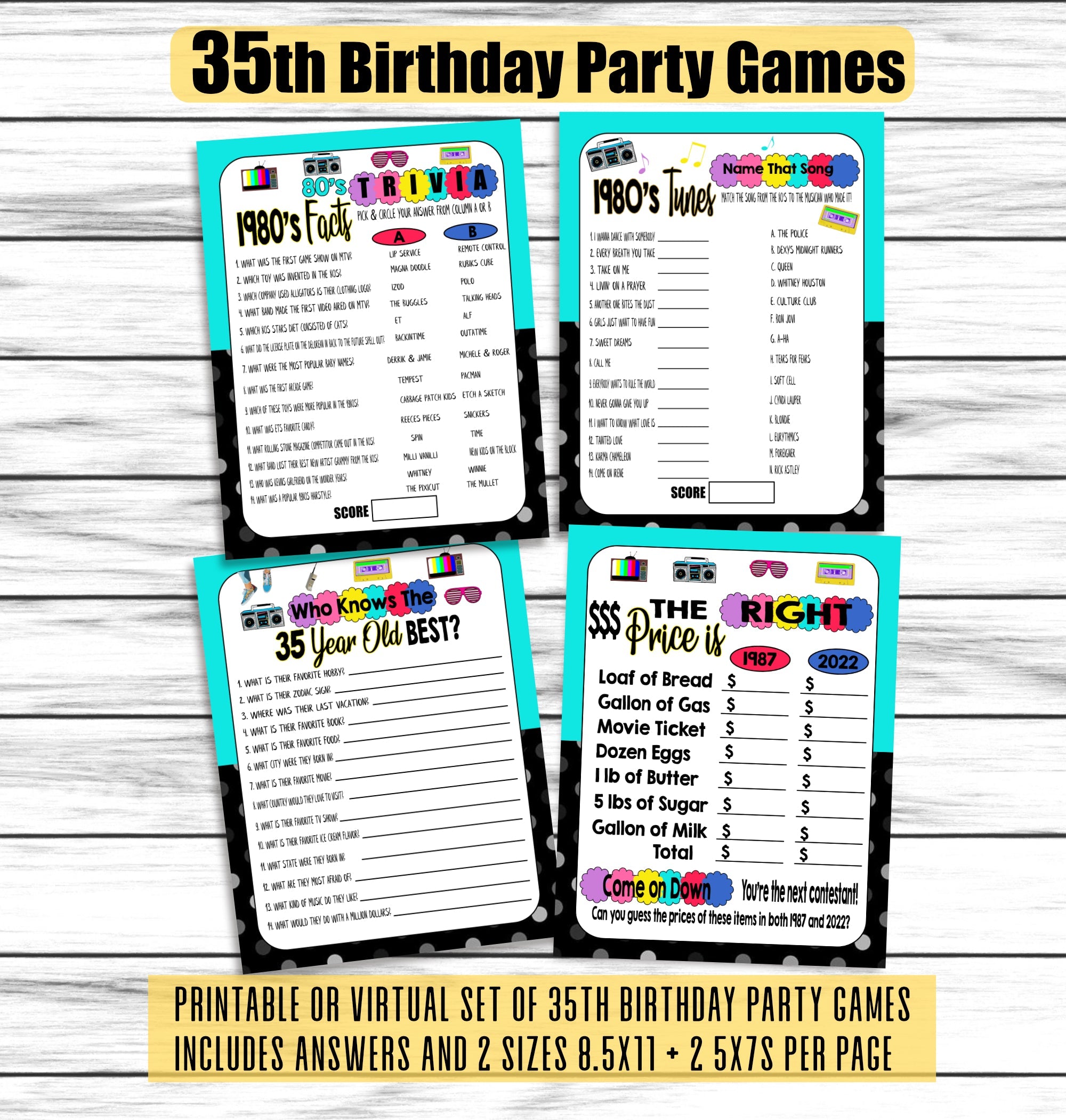 35th Birthday Party Games, 35th Birthday Ideas, 1987 Trivia Game, Price is Right Birthday Game, Printable or Virtual Games, Instant Download