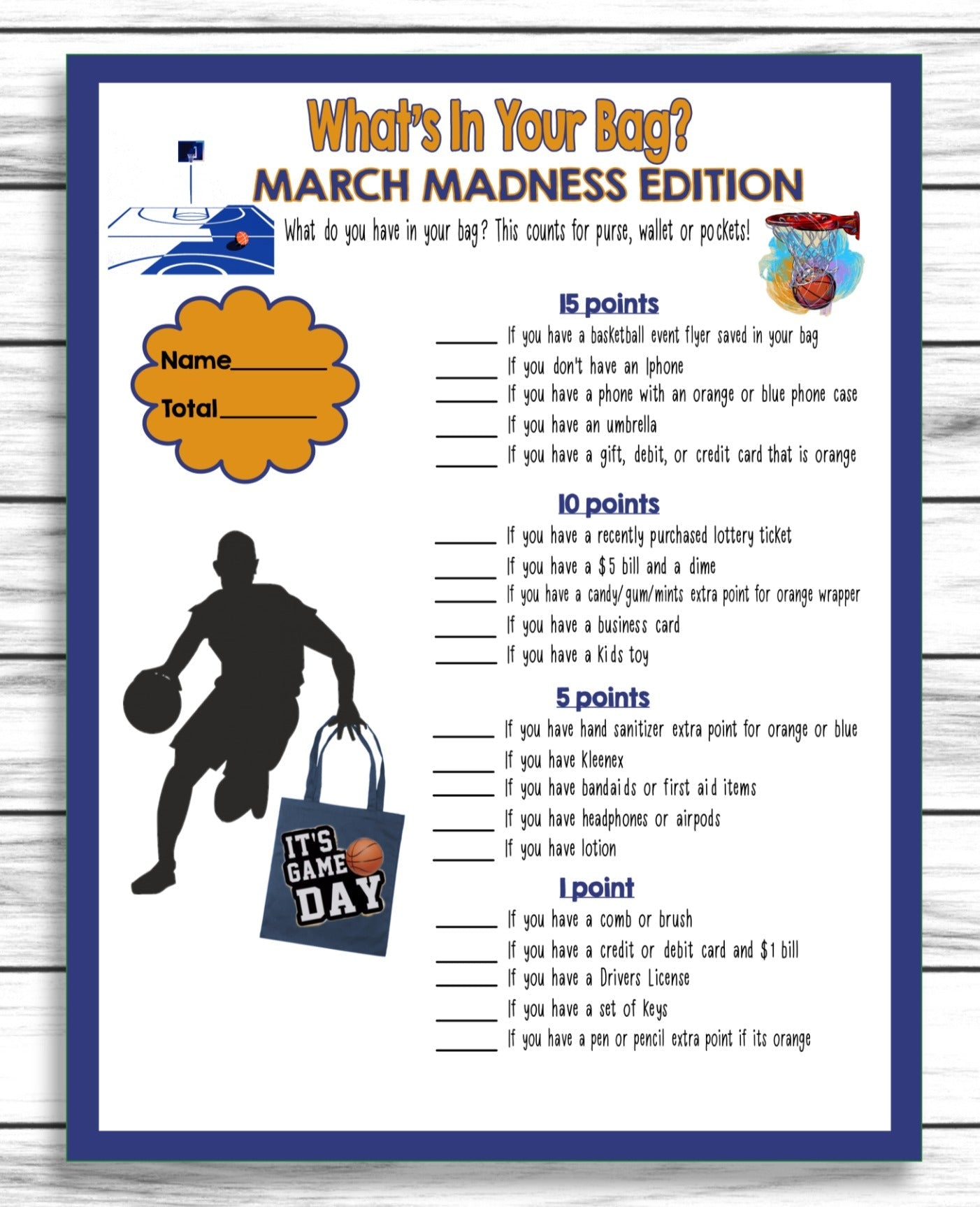 March Madness Party Game, Whats In Your Bag Purse, College Basketball Party Printable Or Virtual Game, Instant Download