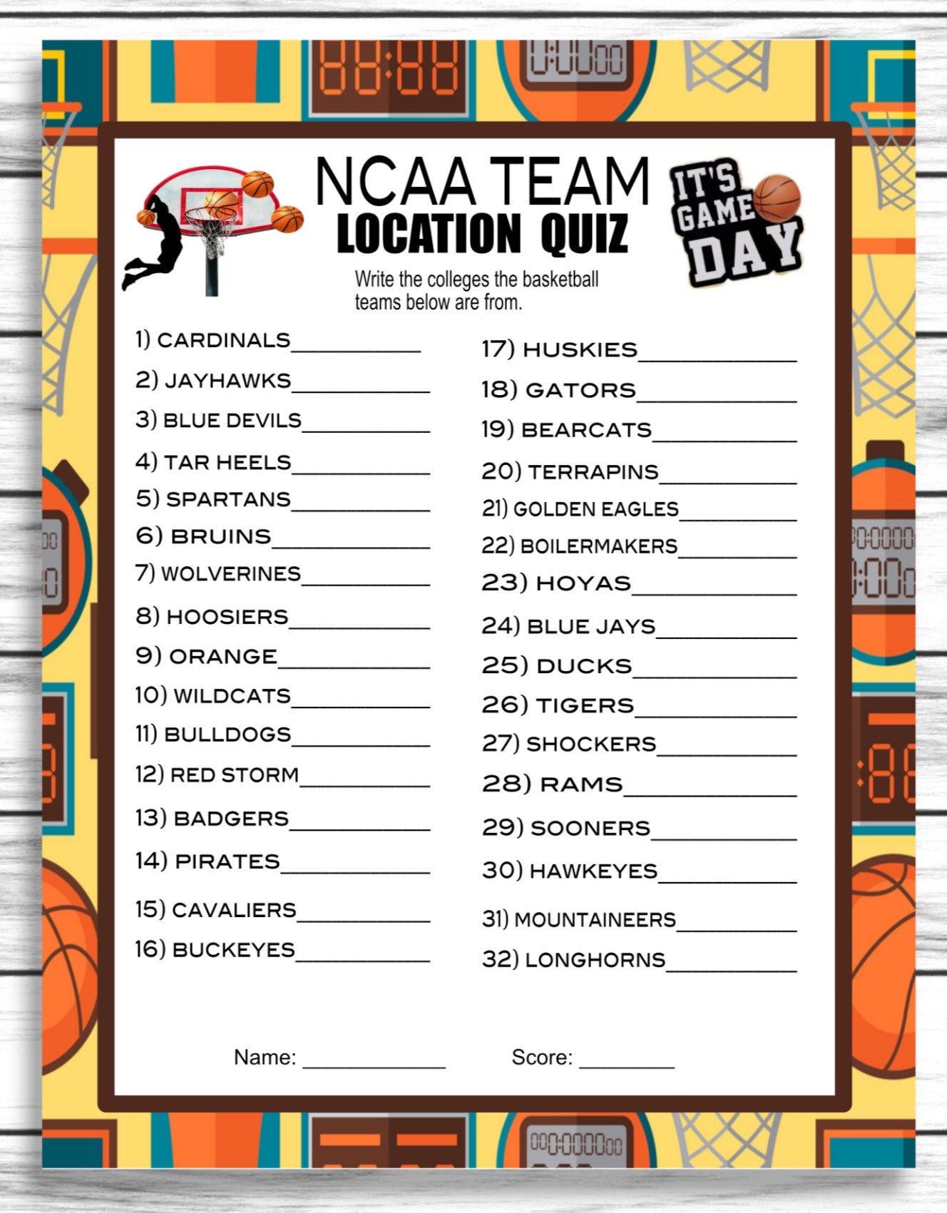 March Madness NCAA Location Quiz,March Madness Party Game,College Basketball NCAA Team Game,Printable or Virtual,Instant Download