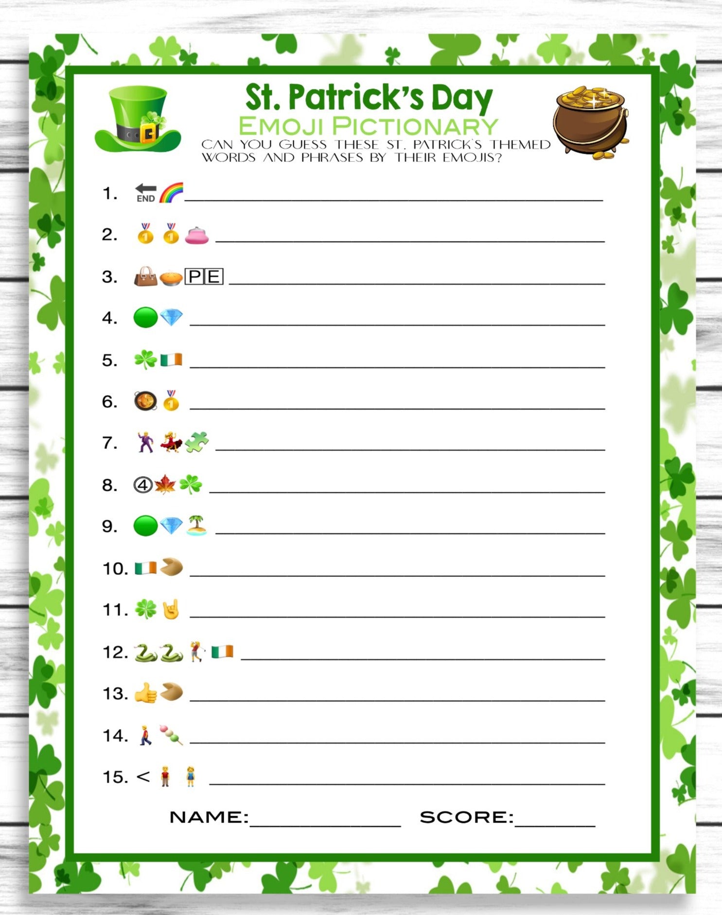 Saint Patricks Day Emoji Pictionary Game,St Patricks Day Party Game, Emoji Game, Instant Download, Printable Or Virtual Game