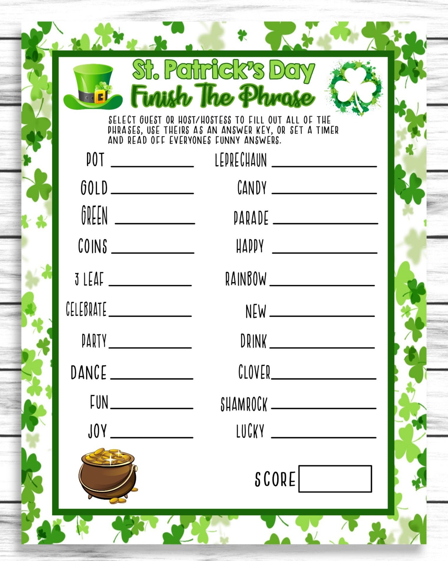 Saint Patricks Day Finish The Phrase Game, St Patricks Day Party Game,Word Game, Printable Or Virtual Game, Instant Download