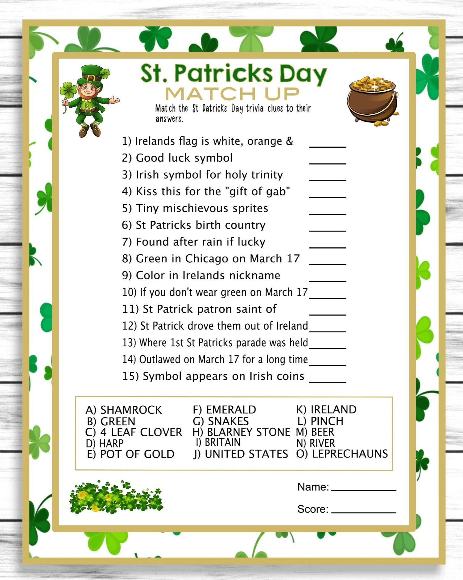 Saint Patricks Day Matching Trivia Game, St Patricks Day Party Game, Quiz, Instant Download, Printable Or Virtual