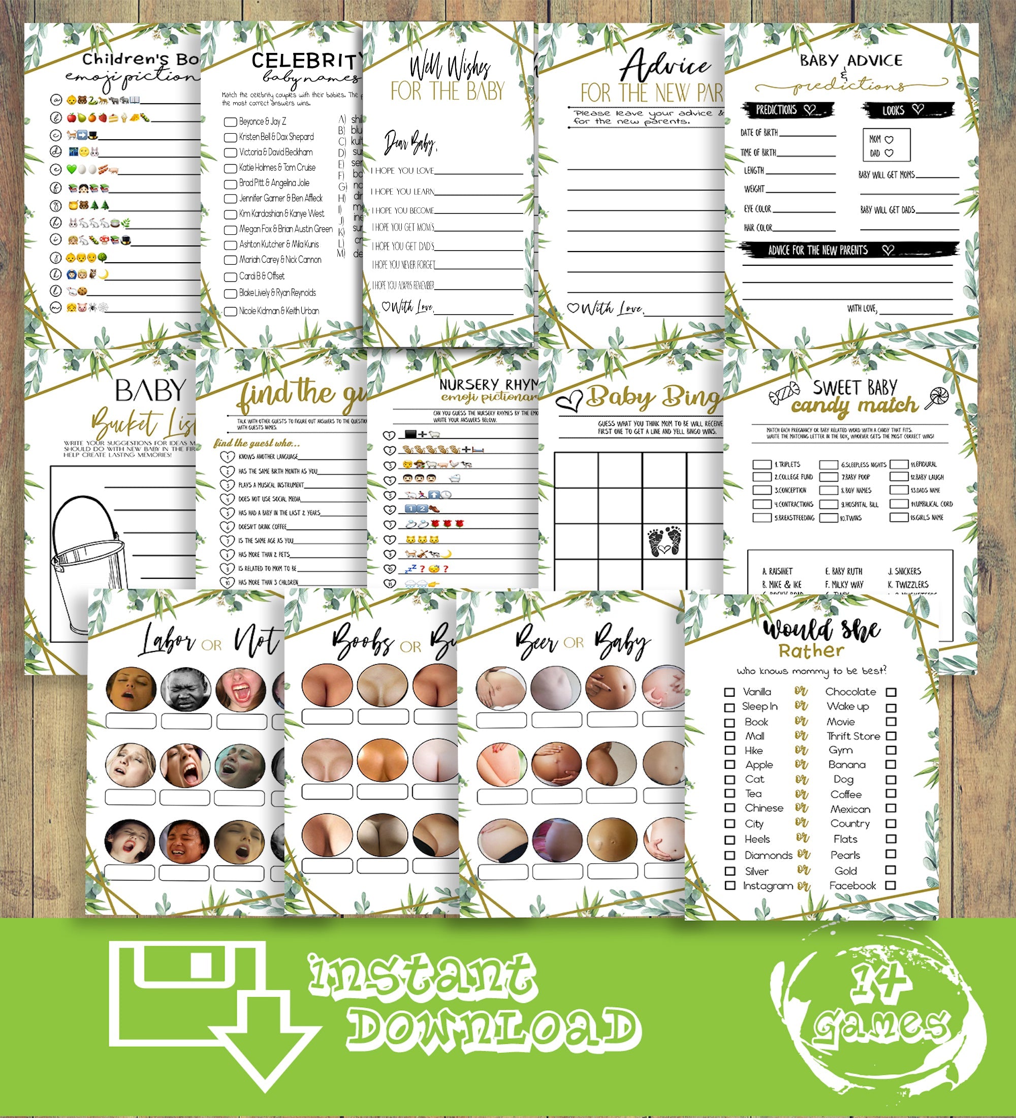 Greenery Printable Baby Shower Bundle With Naughty Games, Boobs Or Butt, Beer Or Baby Belly