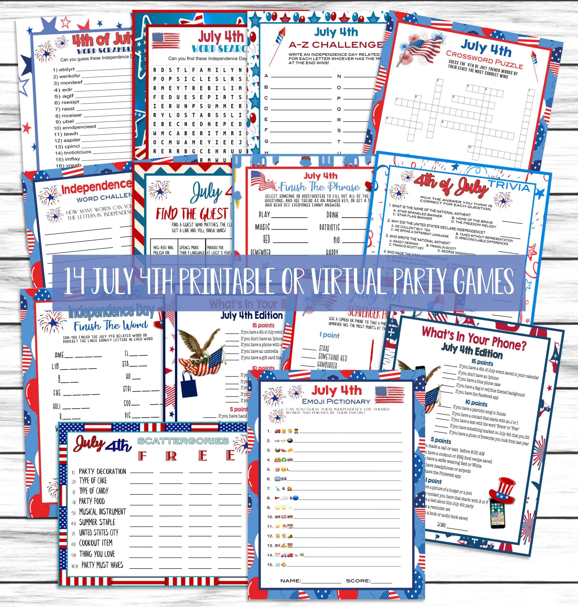 July 4th Independence Day Party Games, Printable Or Virtual Kids Adults Family Reunion Activity Sheets, Instant Download