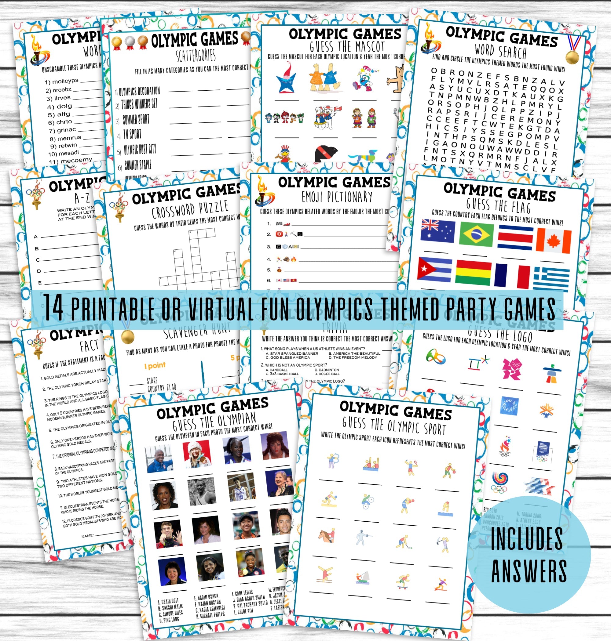 Printable Summer Olympics Party Games Bundle | Logos, Mascots, Athletes, Trivia Quizzes | Sports Games