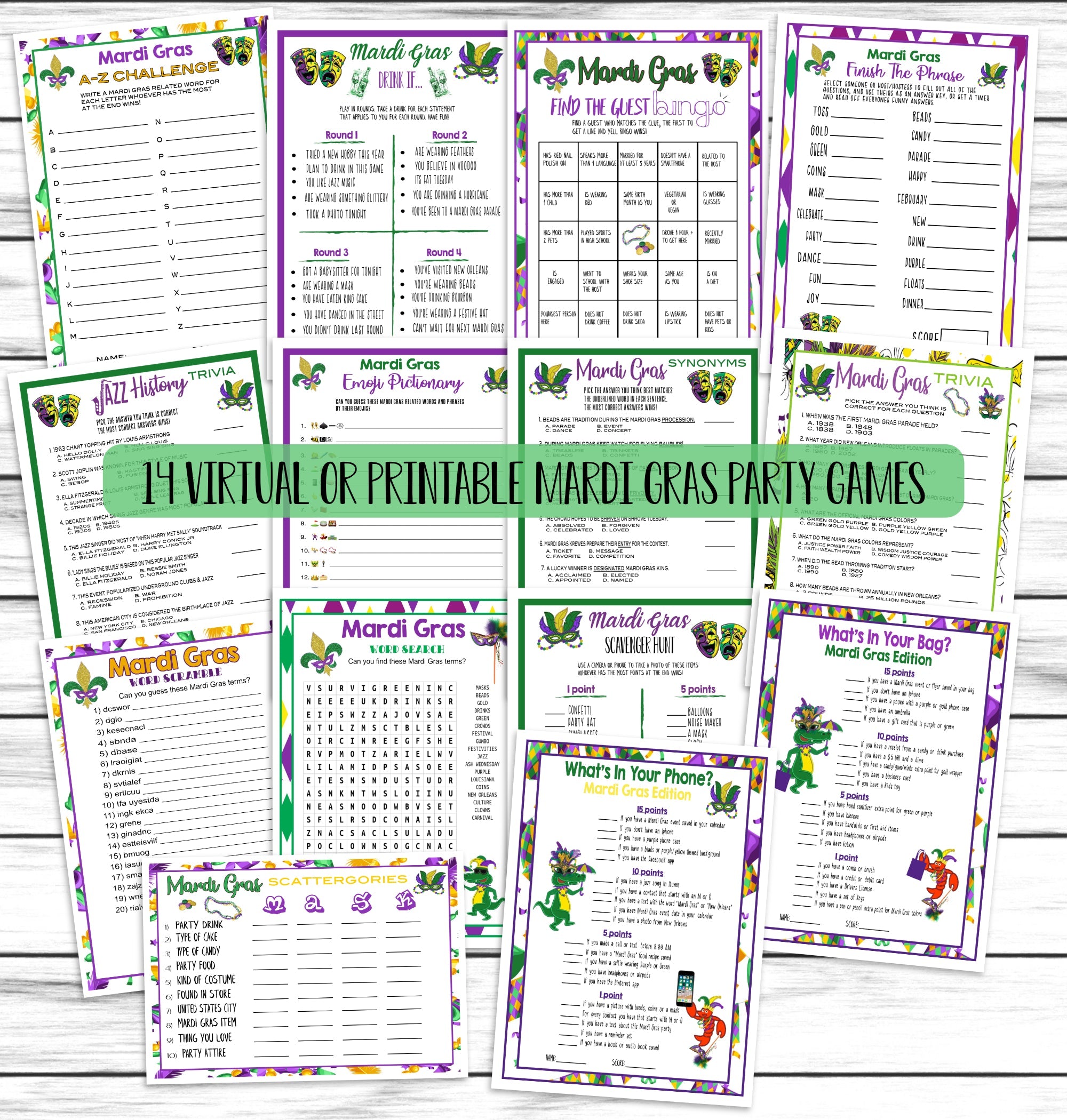 Mardi Gras Party Printable Or Virtual Games, Ideas, Activities for Family, Adults, Kids, Teens Seniors