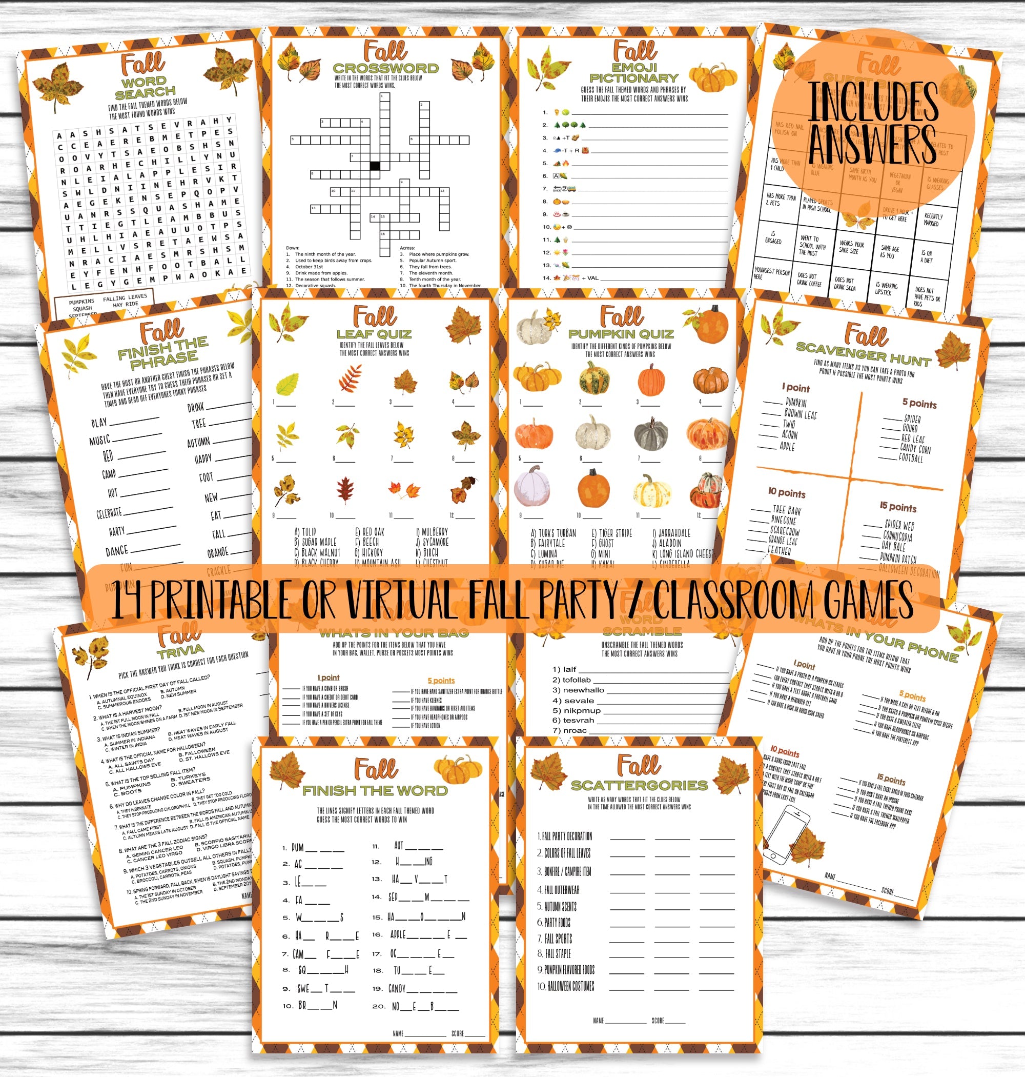 Fall Autumn Party Printable Game Bundle Adults Kids Activity Sheets, Classroom Games Set, Instant Download