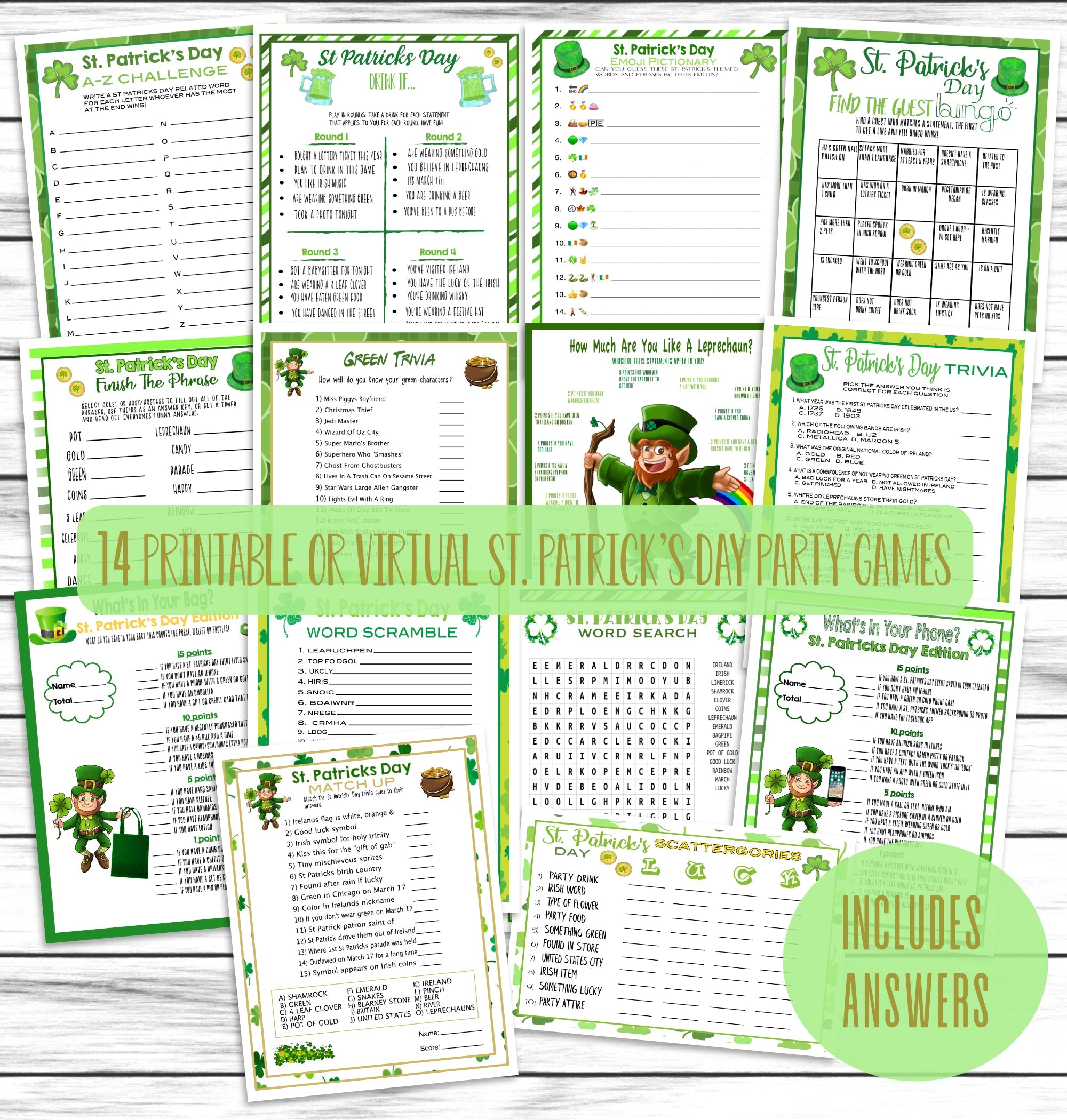 Printable Or Virtual 14 St Patricks Day Party Games Bundle | Decorations, Favors, Ideas For Adults Kids
