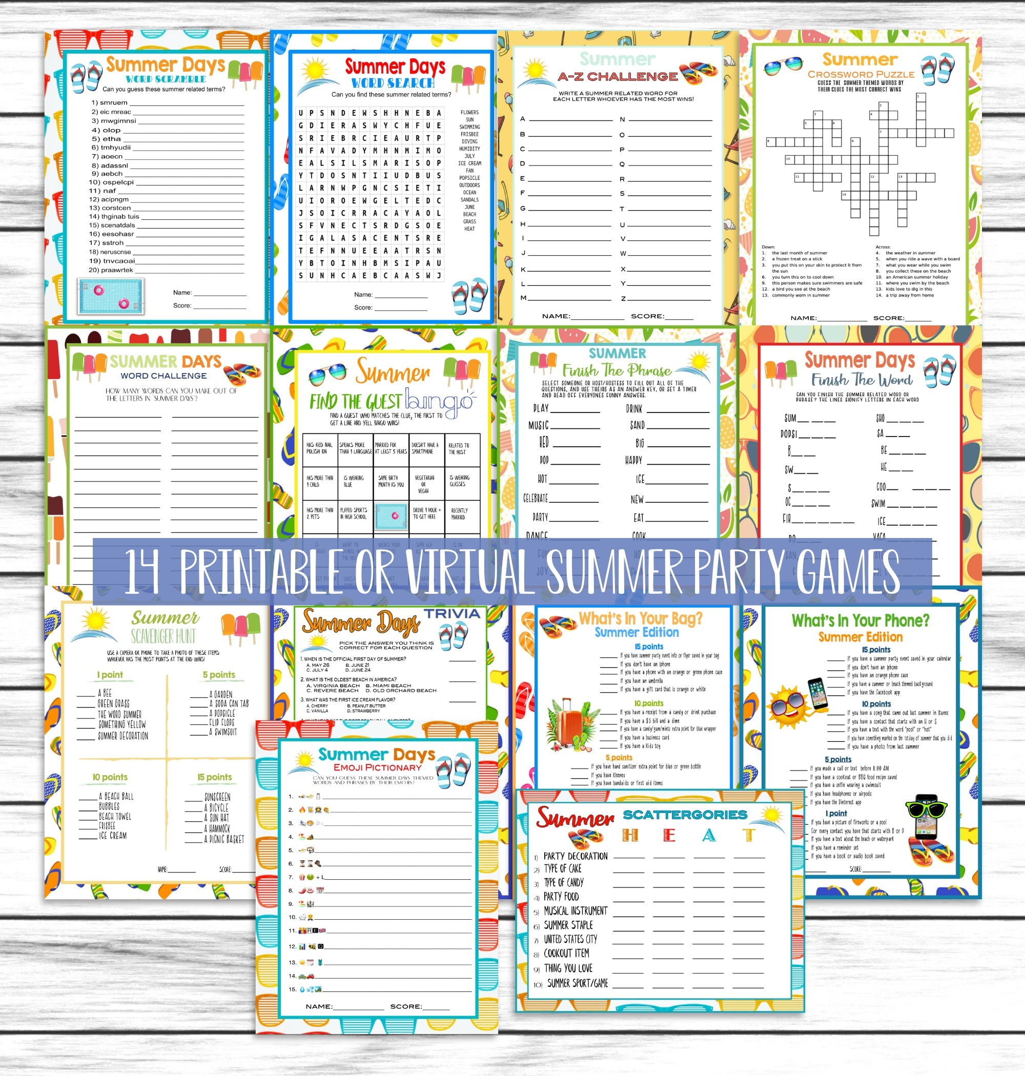 Summer Party Family Reunion Game Bundle, Printable Or Virtual Kids & Adults Activity Sheet, Emoji Games, Instant Download