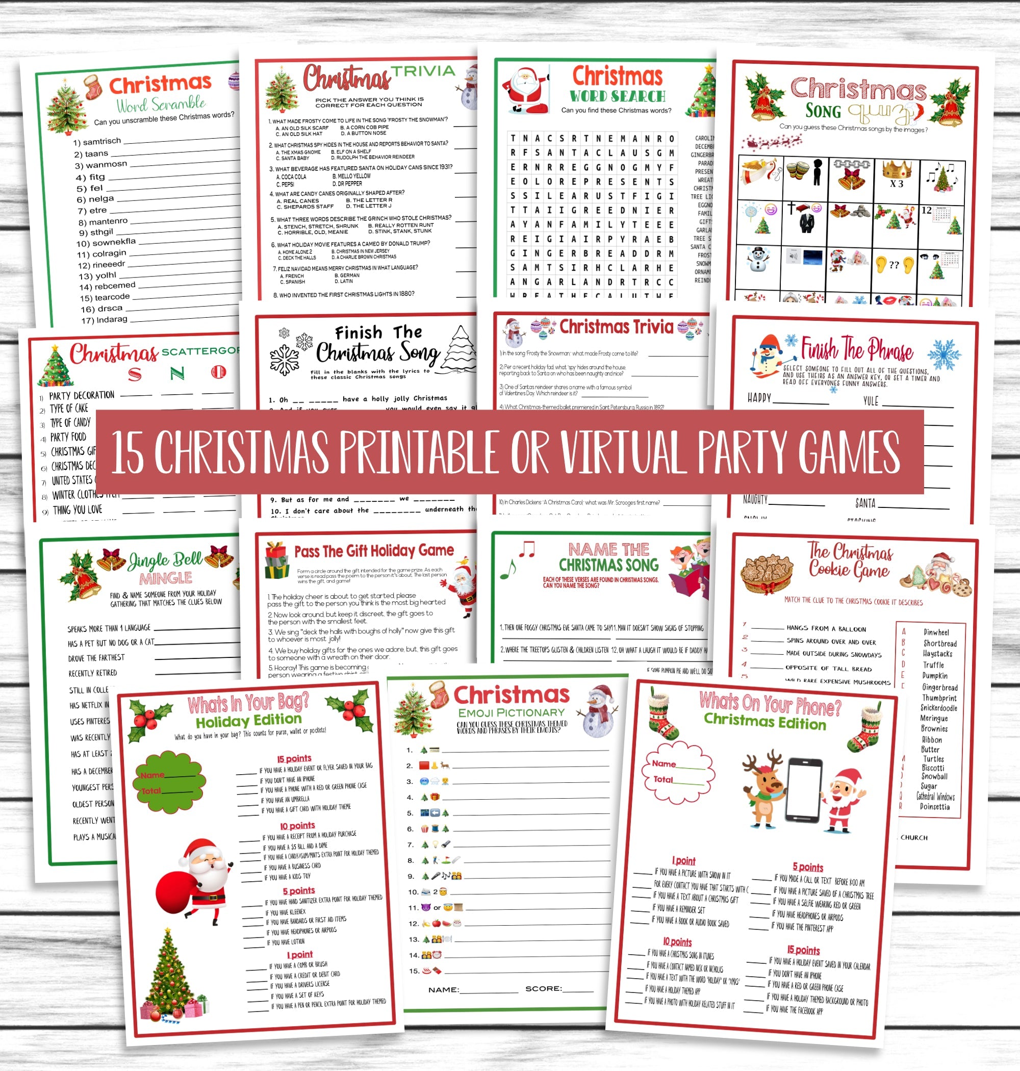 Christmas Party Family Game Set, Printable Kids Adults Activity Bundle, Instant Download