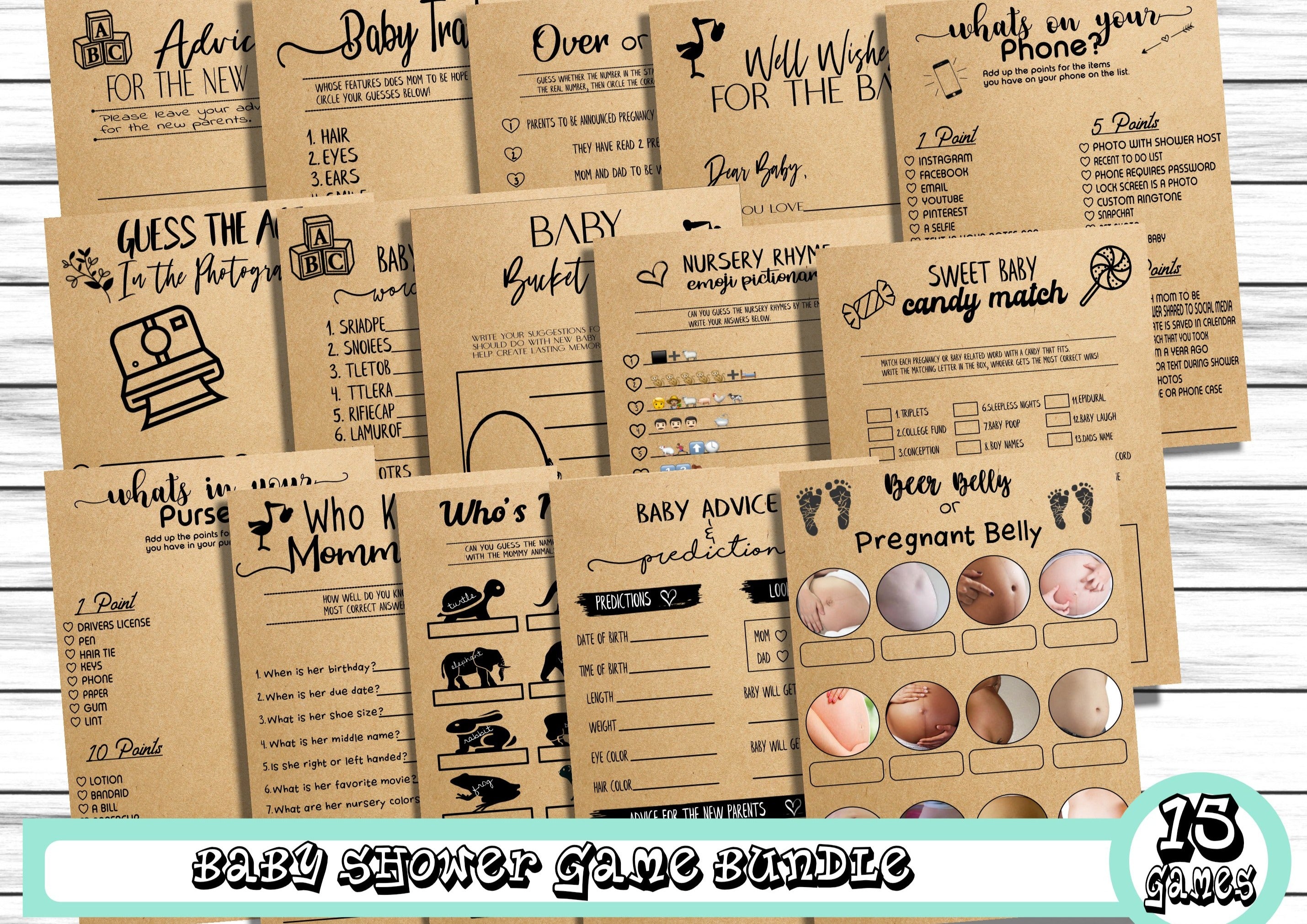Rustic Baby Shower 15 Game Set For Virtual, Zoom, or In Person Baby Showers