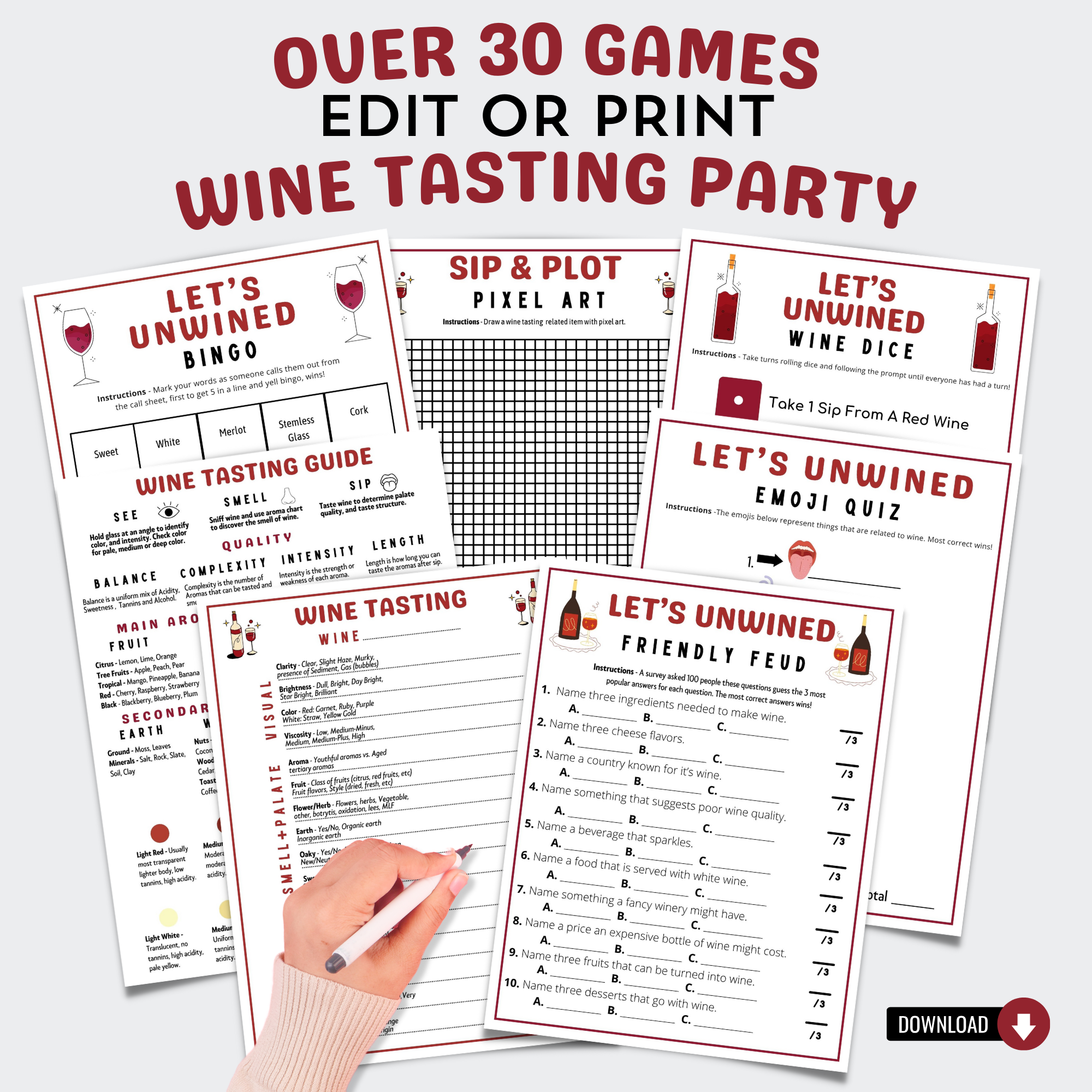 Editable Wine Tasting Party Games Bingo Scorecards & Tasting Guide | Printable Wine Themed Party Bundle | Winery Ideas