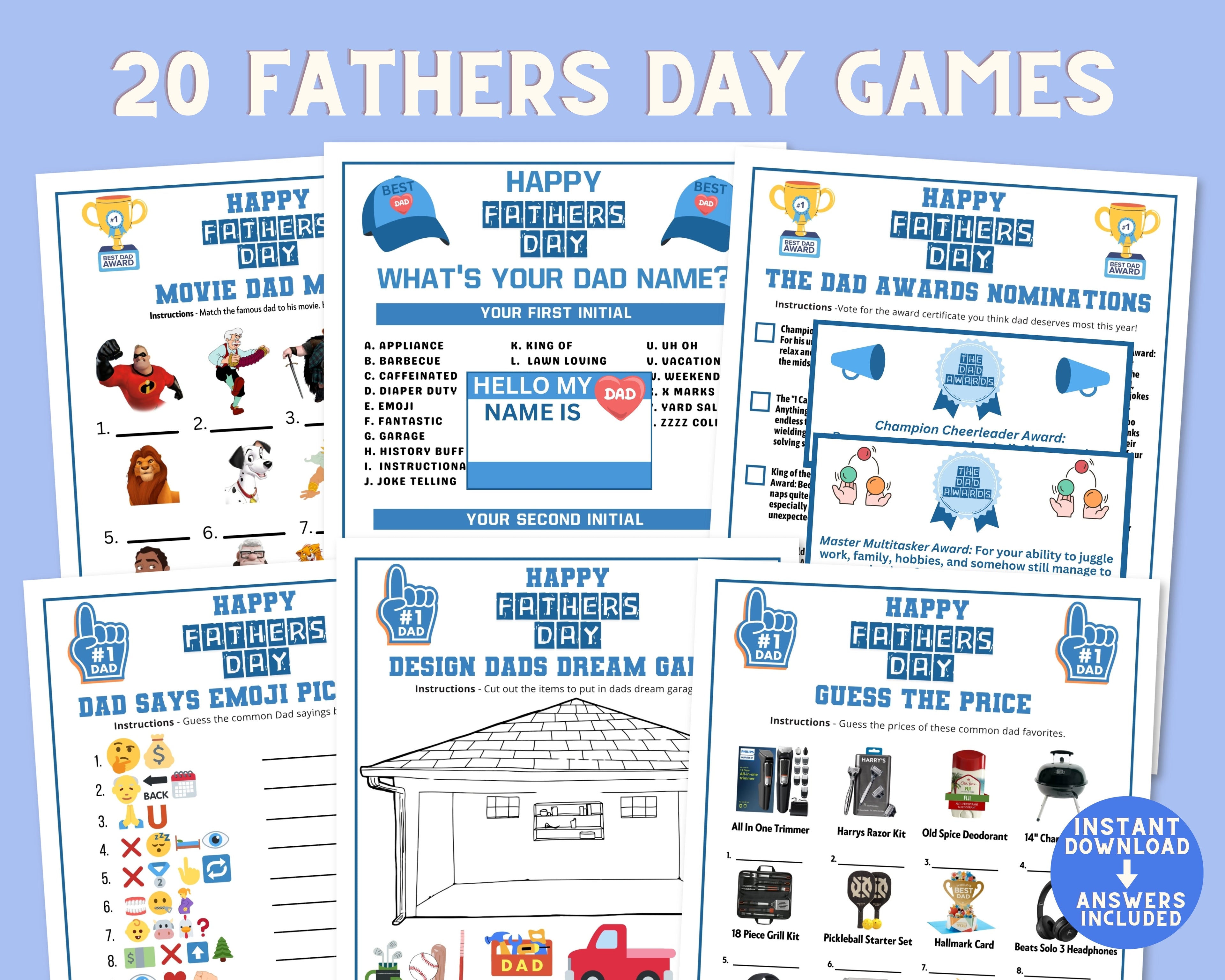 Printable Fathers Day Games And Answers Bundle | DIY Activities For Dads, Adults, Kids To Play Awards To Celebrate Dads