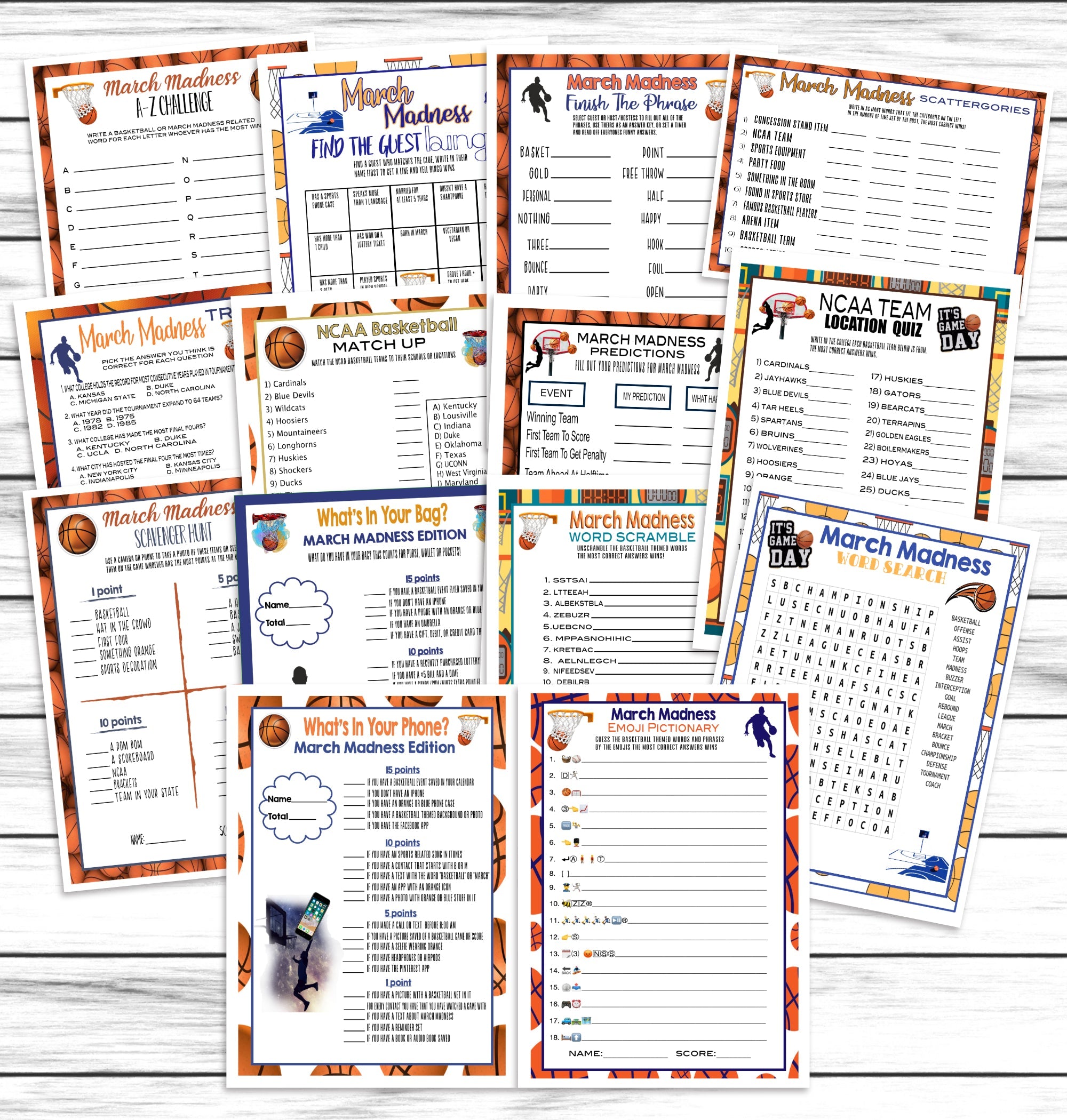 March Madness Printable Party Game Bundle Set, College Basketball Activities, For Kids Or Adults