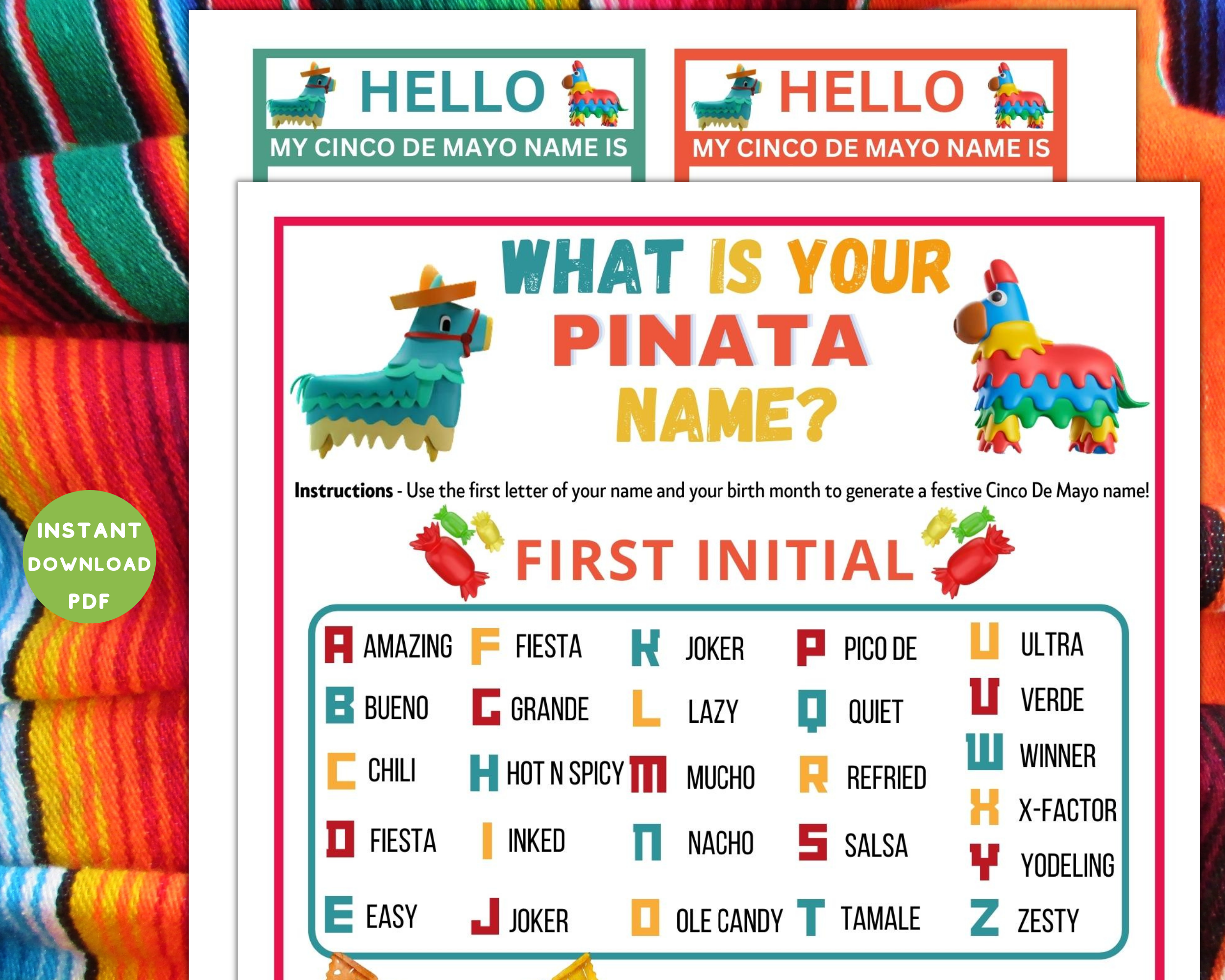Printable Cinco De Mayo Whats Your Piñata Name Tag Game | Fun Quiz For Adults Kids | Classroom Idea | Work Party Cute Cinco Activity