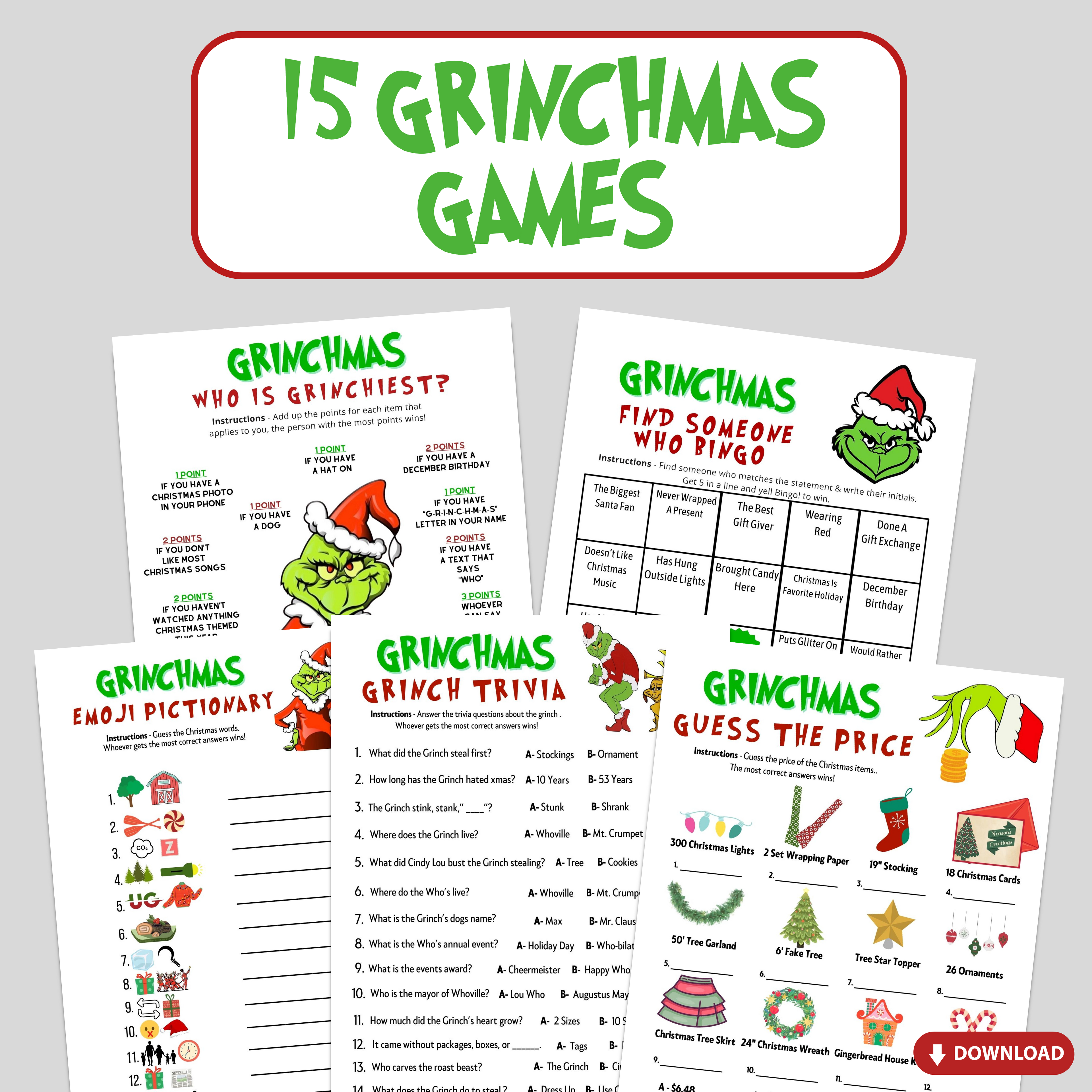 Grinchmas Game Bundle | Printable Christmas Party Grinch Games | Adults Kids Xmas Activities | Holiday Emoji Games