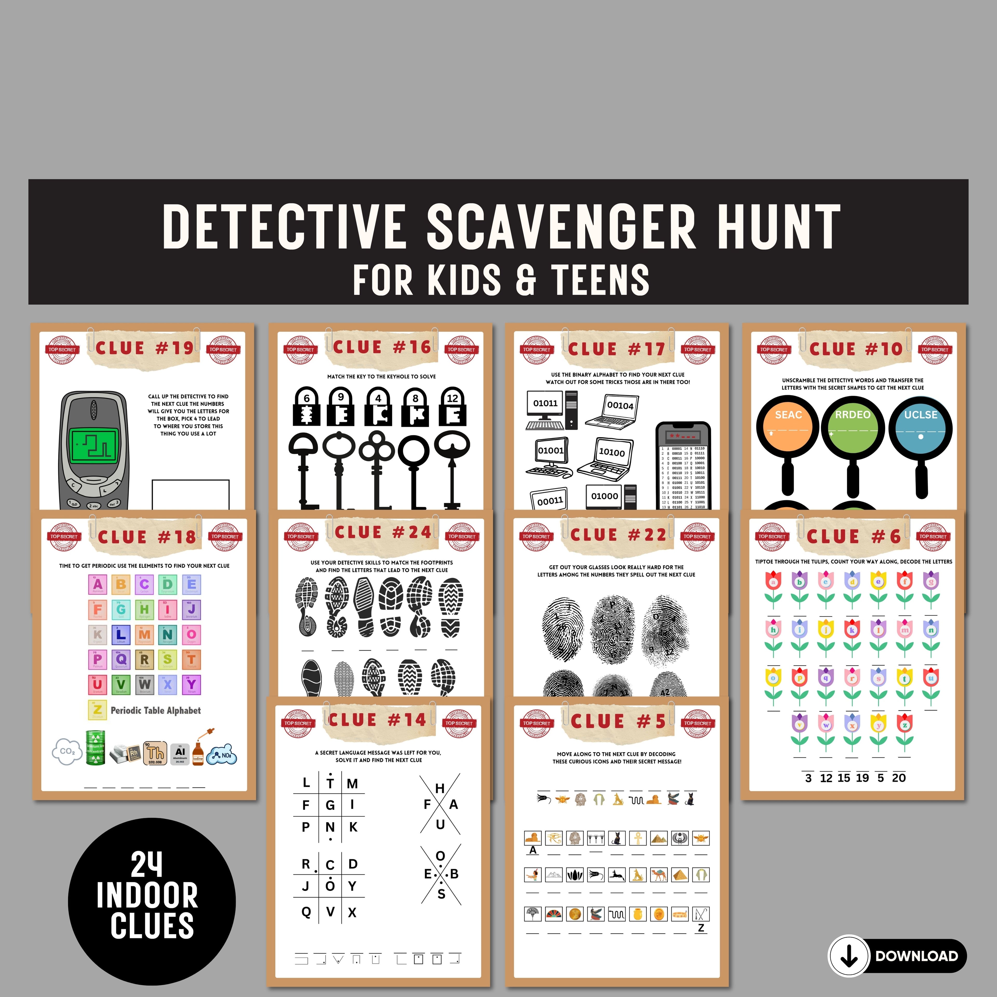 Printable Detective Scavenger Hunt For Older Kids | Birthday Top Secret Indoor Treasure Find Escape Room Police Find Puzzle Game Party Clues