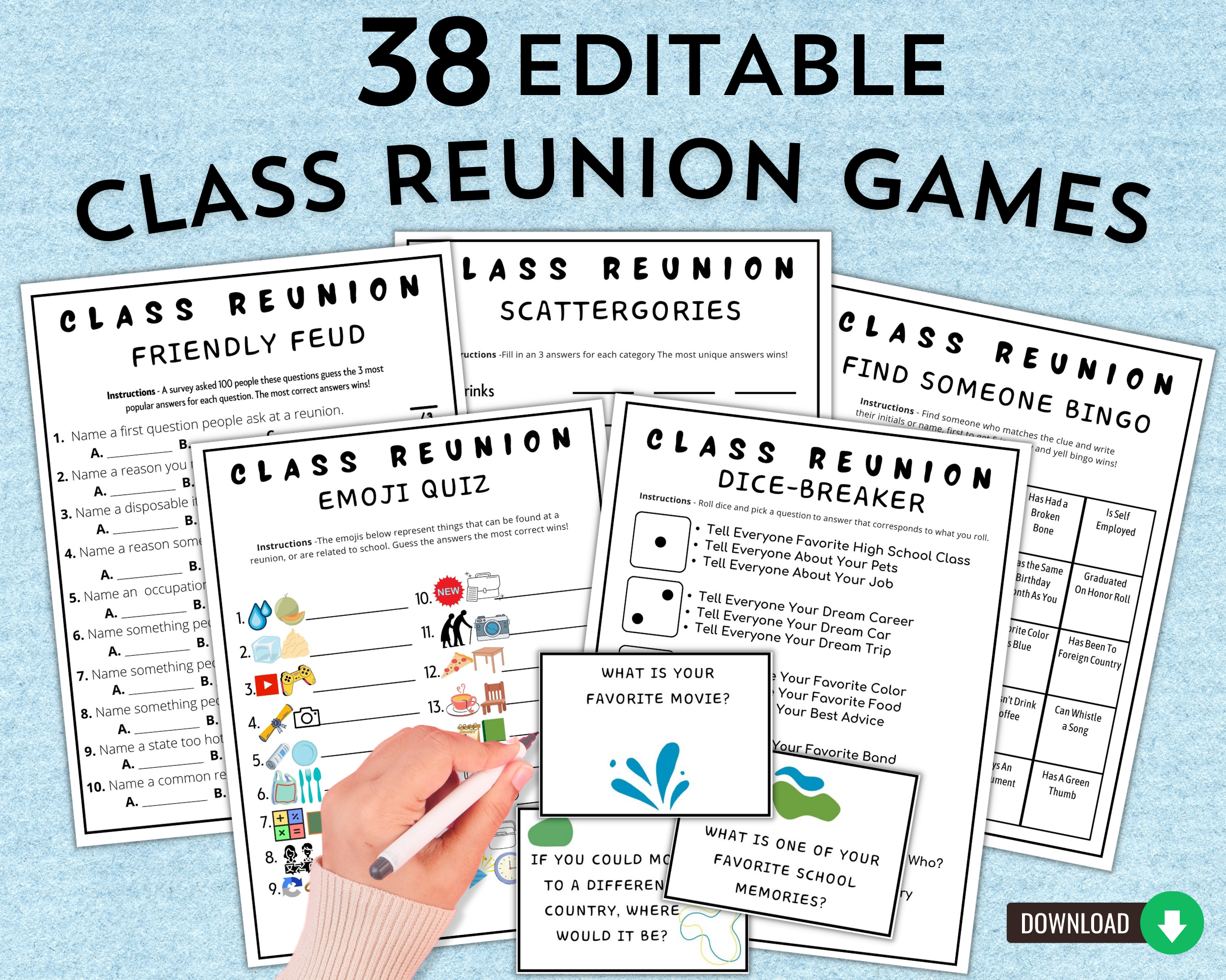 Printable Class Reunion Games | Editable Reunion Template Activities Bundle | High School Reunion Party Ideas Games Set