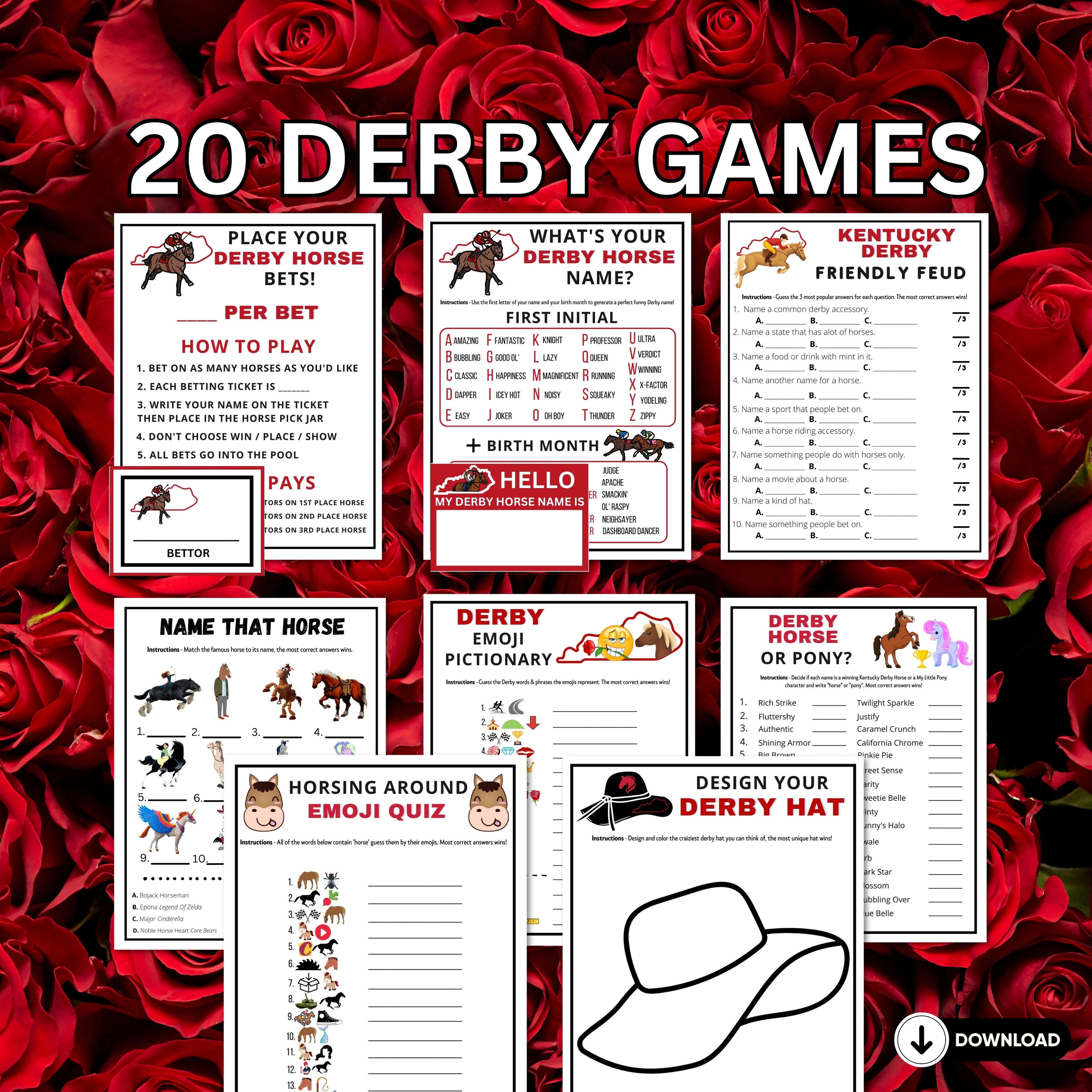 Printable Kentucky Derby Party Games With Answers | 20 Mega Derby Bundle Office Or Classroom Games For Kids Adults Seniors
