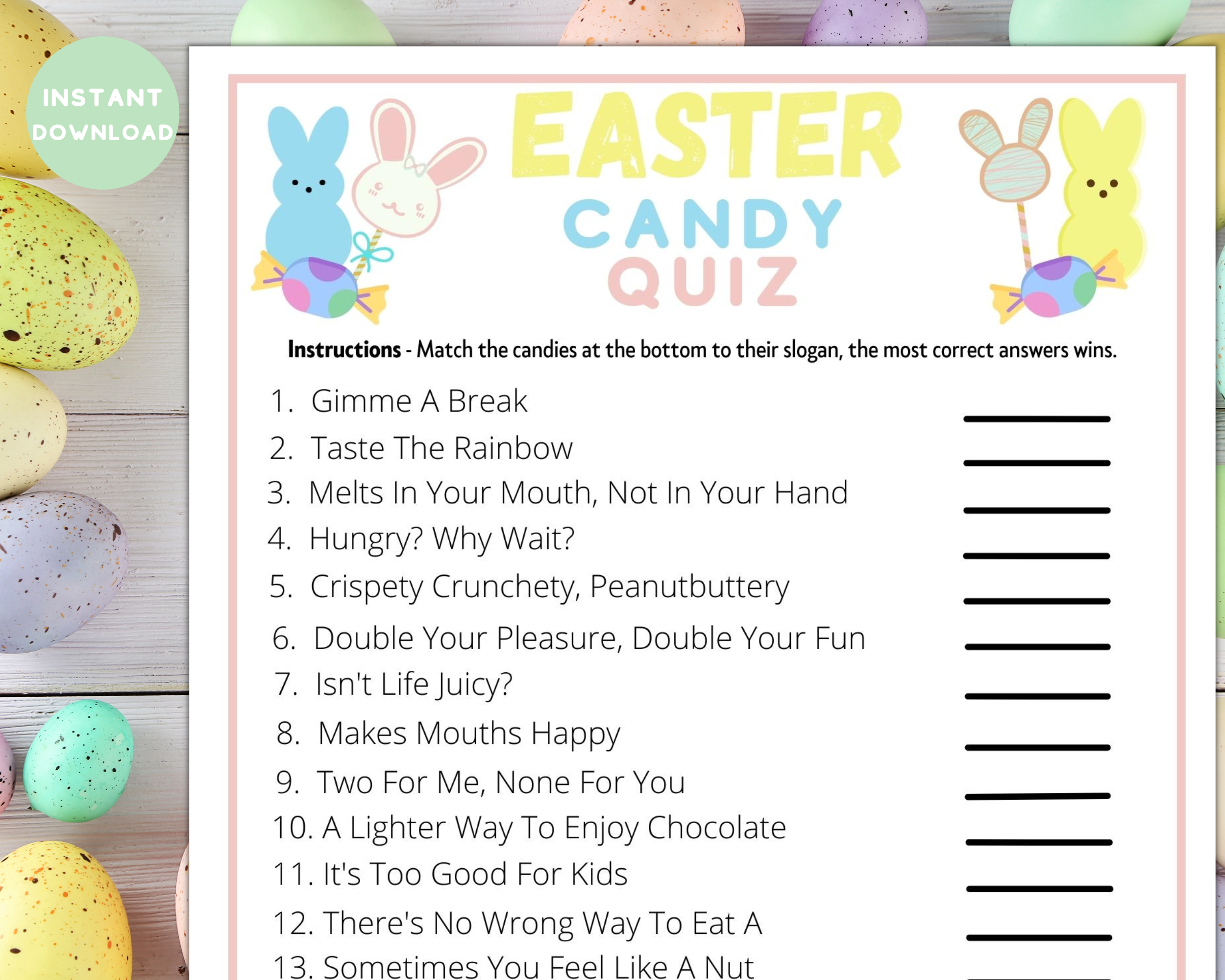 Easter Candy Quiz Game | Fun Family Activity | Kids Or Adults Trivia | Classroom Work Senior Party Idea | Instant Download Printable Puzzle