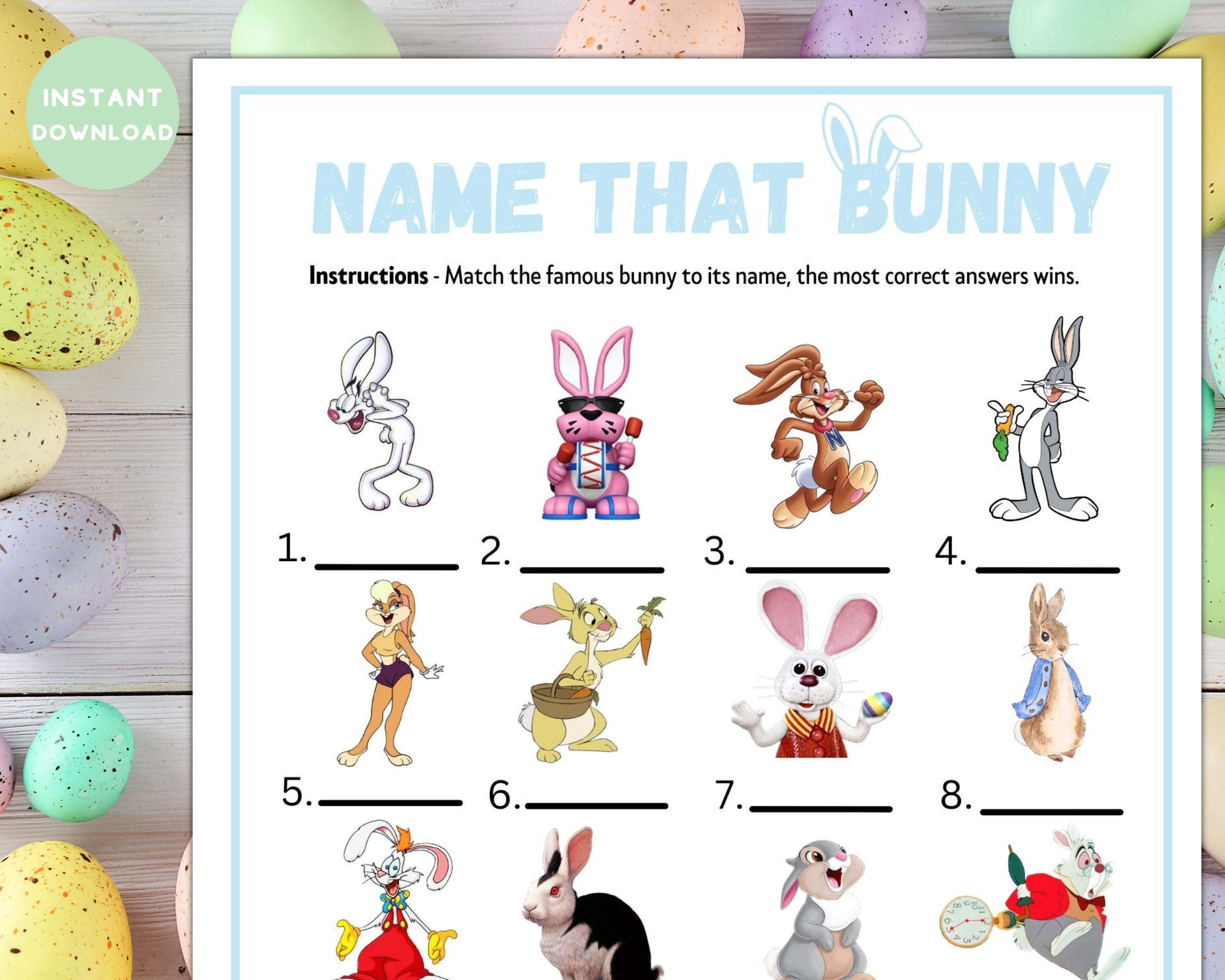 Easter Printable Name Famous Bunny Game | Adults Kids Idea | Fun Family Activity | Classroom Work Seniors Party Trivia Quiz | Instant
