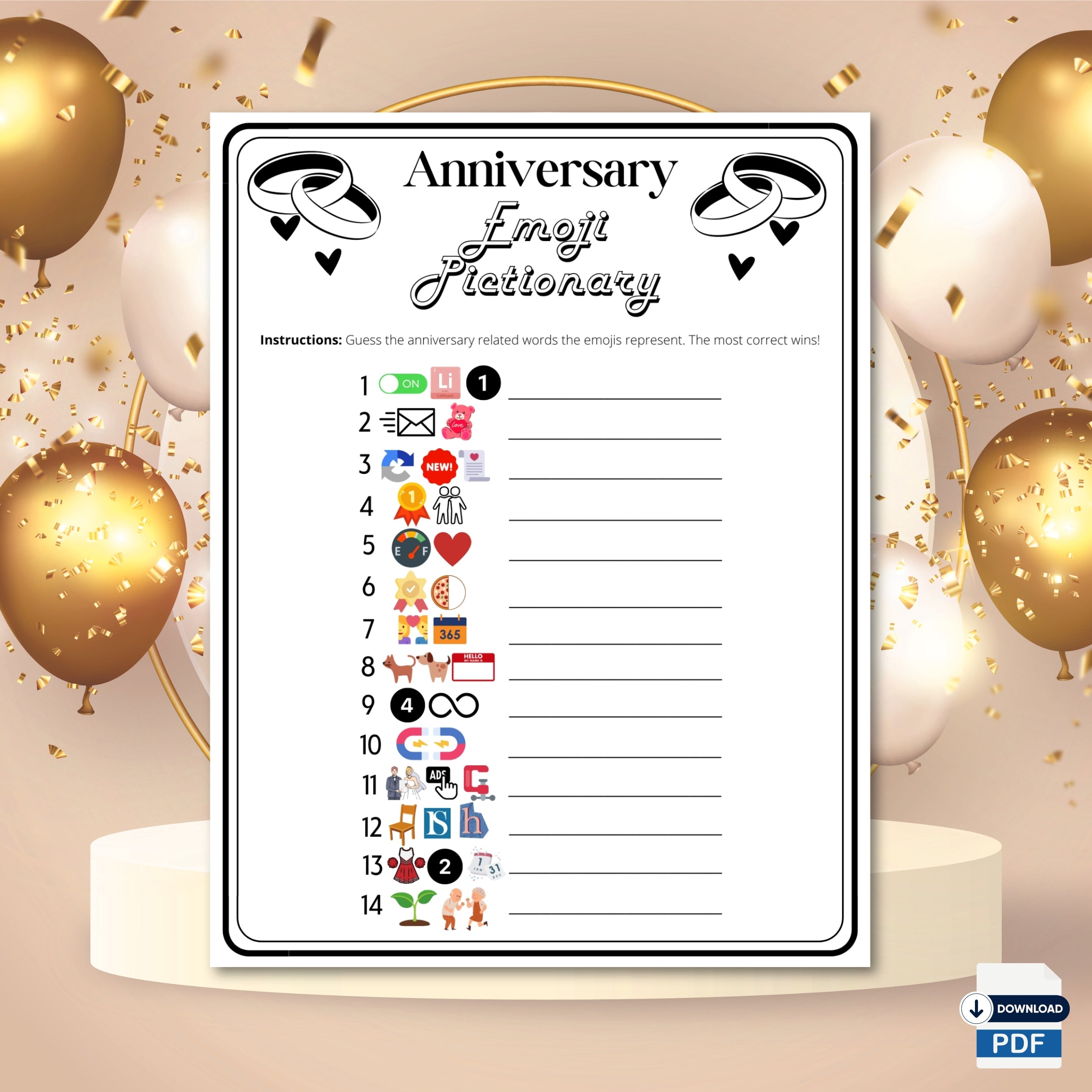 Emoji Pictionary Anniversary Party Game, 10th, 15th, 20th, 25th, 50th, Anniversary Party Games, Virtual Or Printable Emoji Game