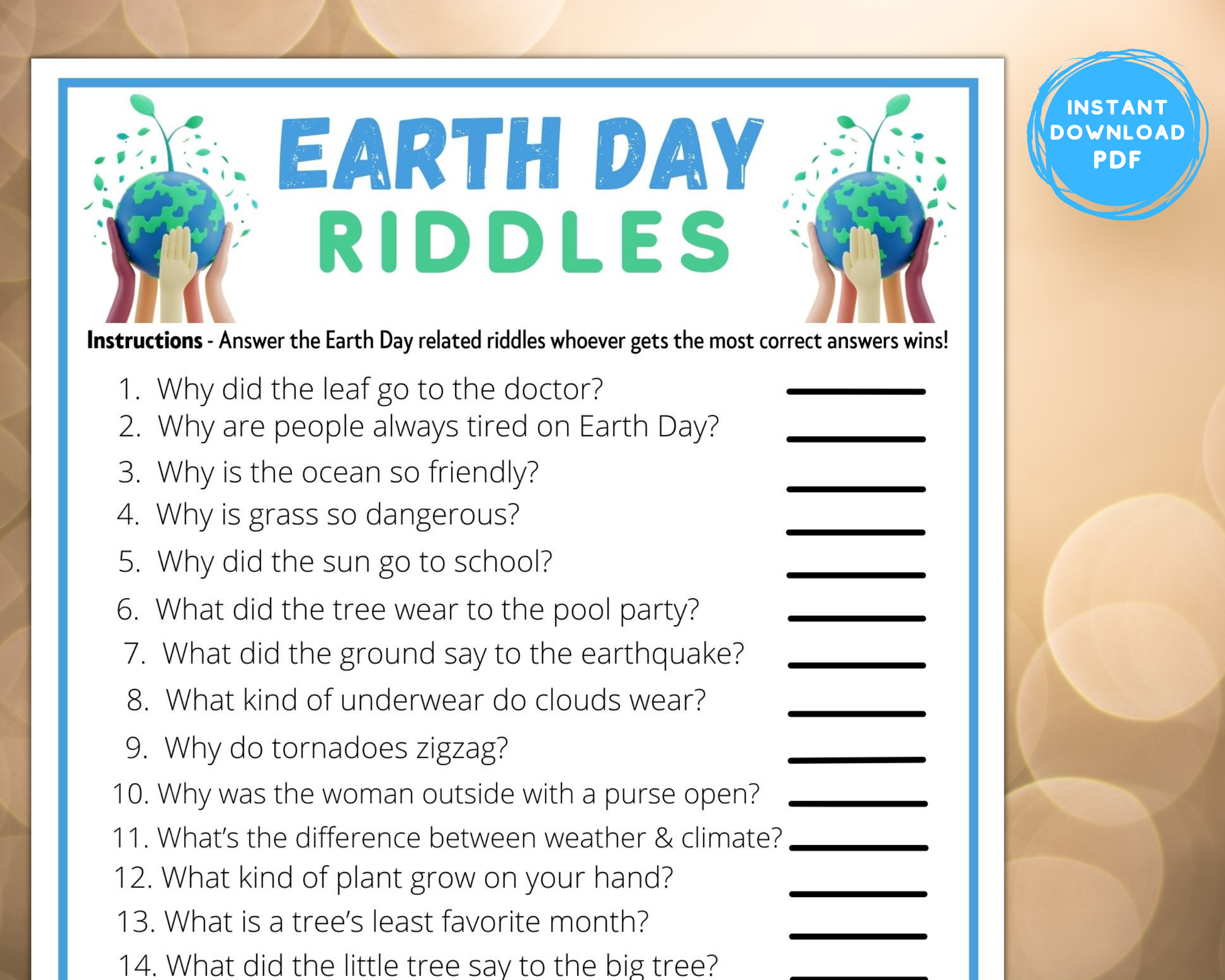 Printable Earth Day Fun Riddle Game | Classroom Work Seniors Activity | Funny Earth Joke Quiz | Earth Day Challenge Idea | Family Activity