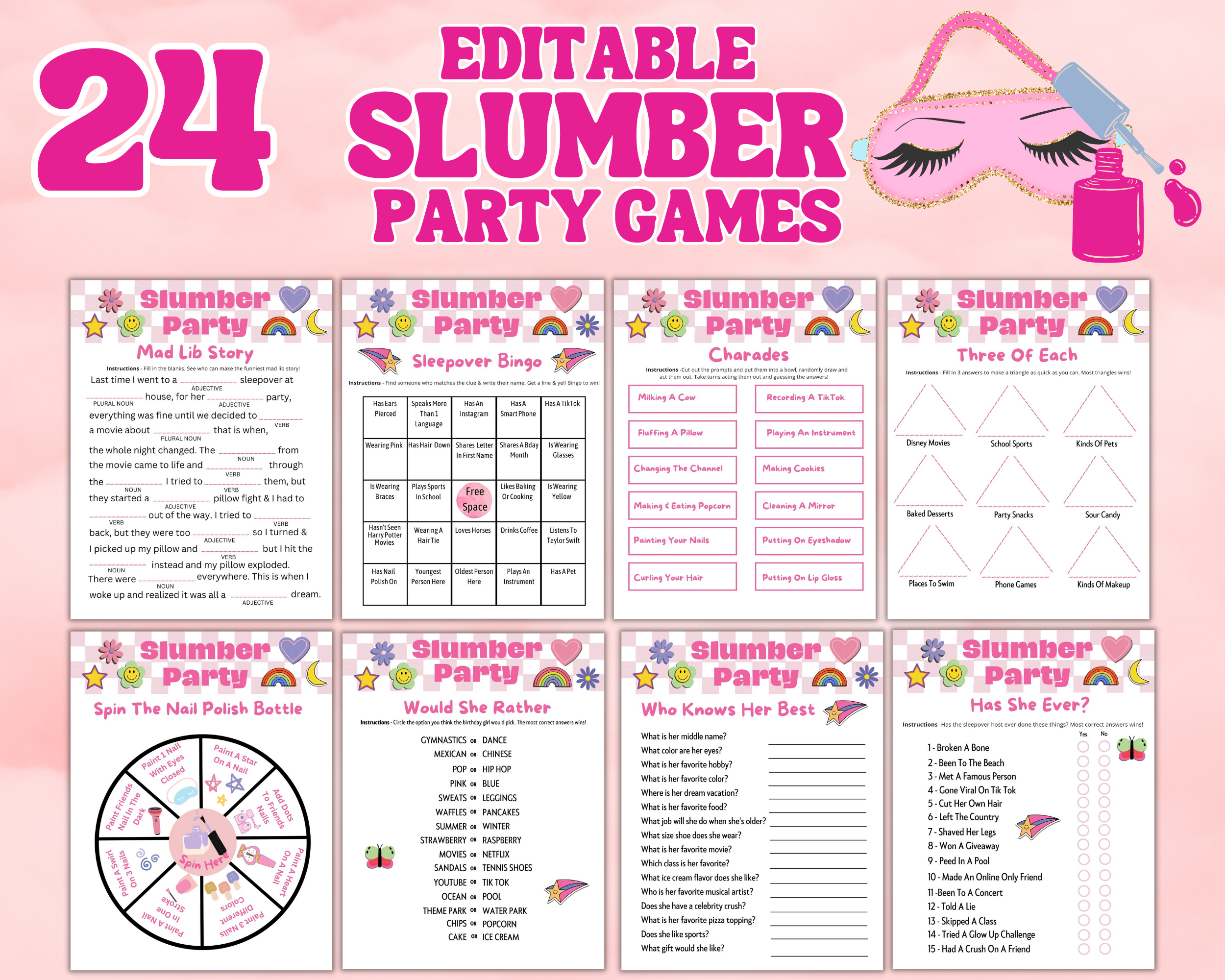 Printable Slumber Party Games | Sleepover Activity Bundle Editable Template | Charades | Tween Teens | Pink Birthday Idea