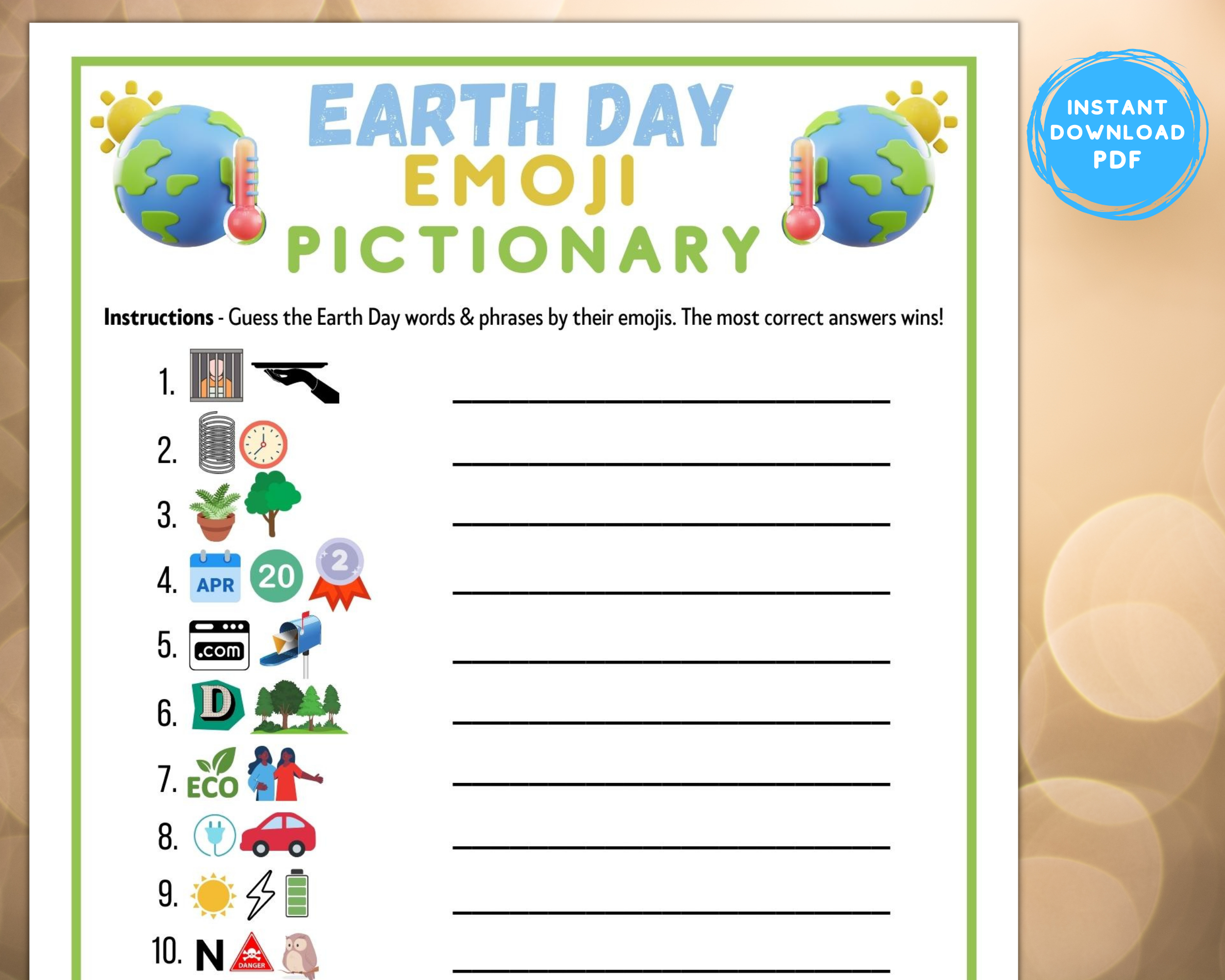 Printable Earth Day Emoji Pictionary Game | Classroom Work Church Party Quiz | Fun Earth Day Activity Idea For Adults & Kids