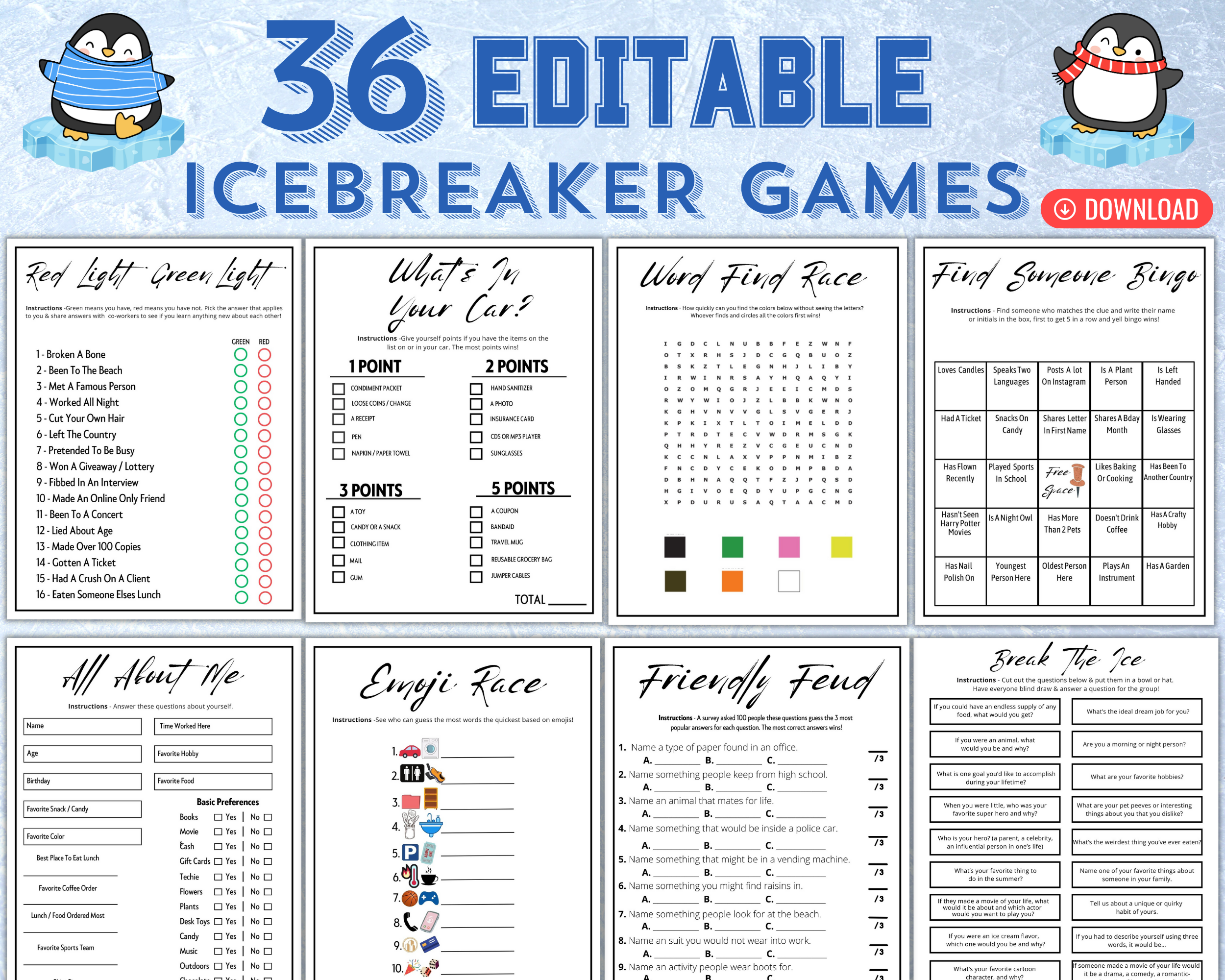 Printable Icebreaker Games | Social Group Activities Editable Template | Office Party Ideas | Happy Hour Questions | Ice Breaker Quizzes