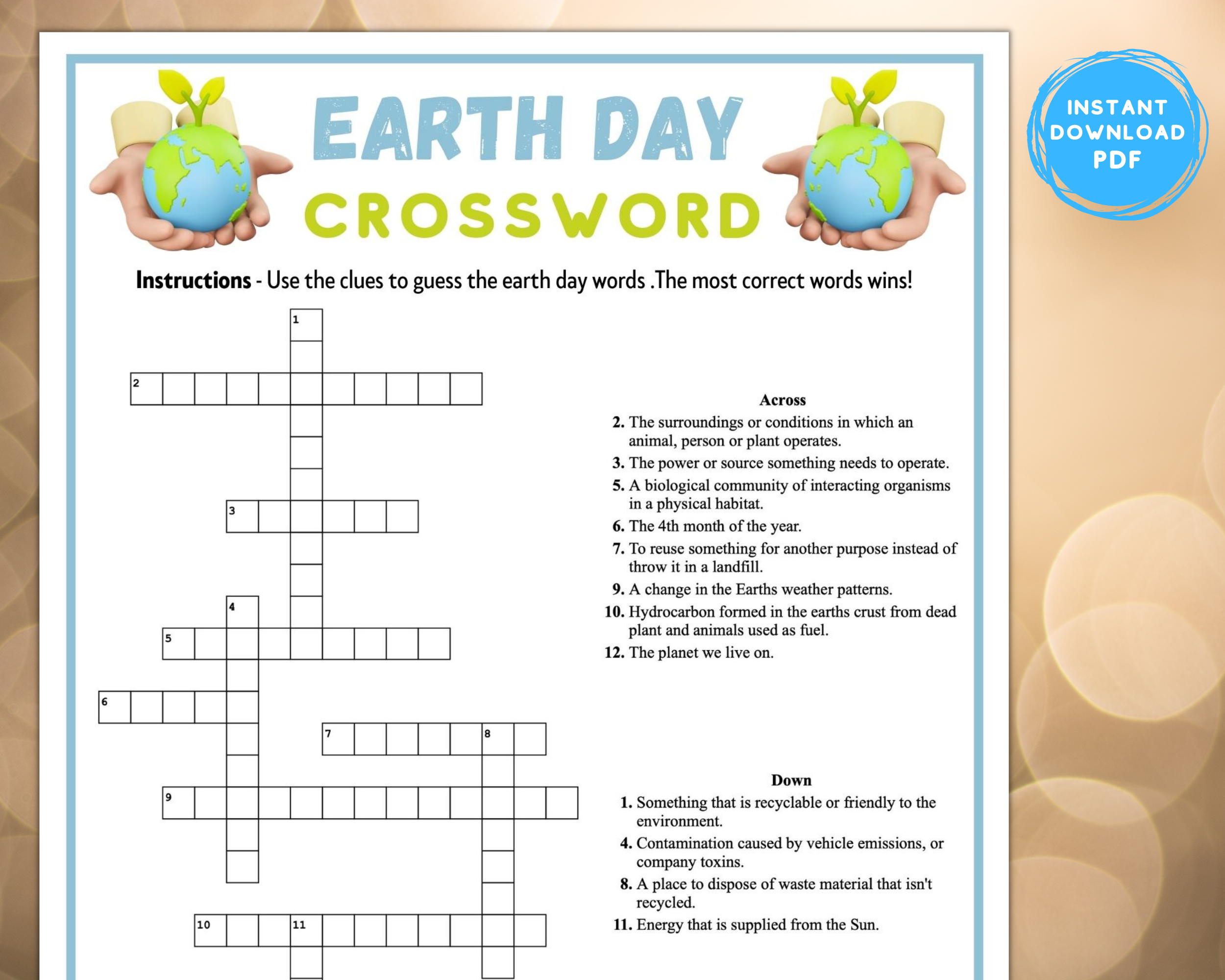 Earth Day Crossword Puzzle Game | Printable Spring Party Word Game For Adults Kids | Instant Download Classroom Idea | Family Activity