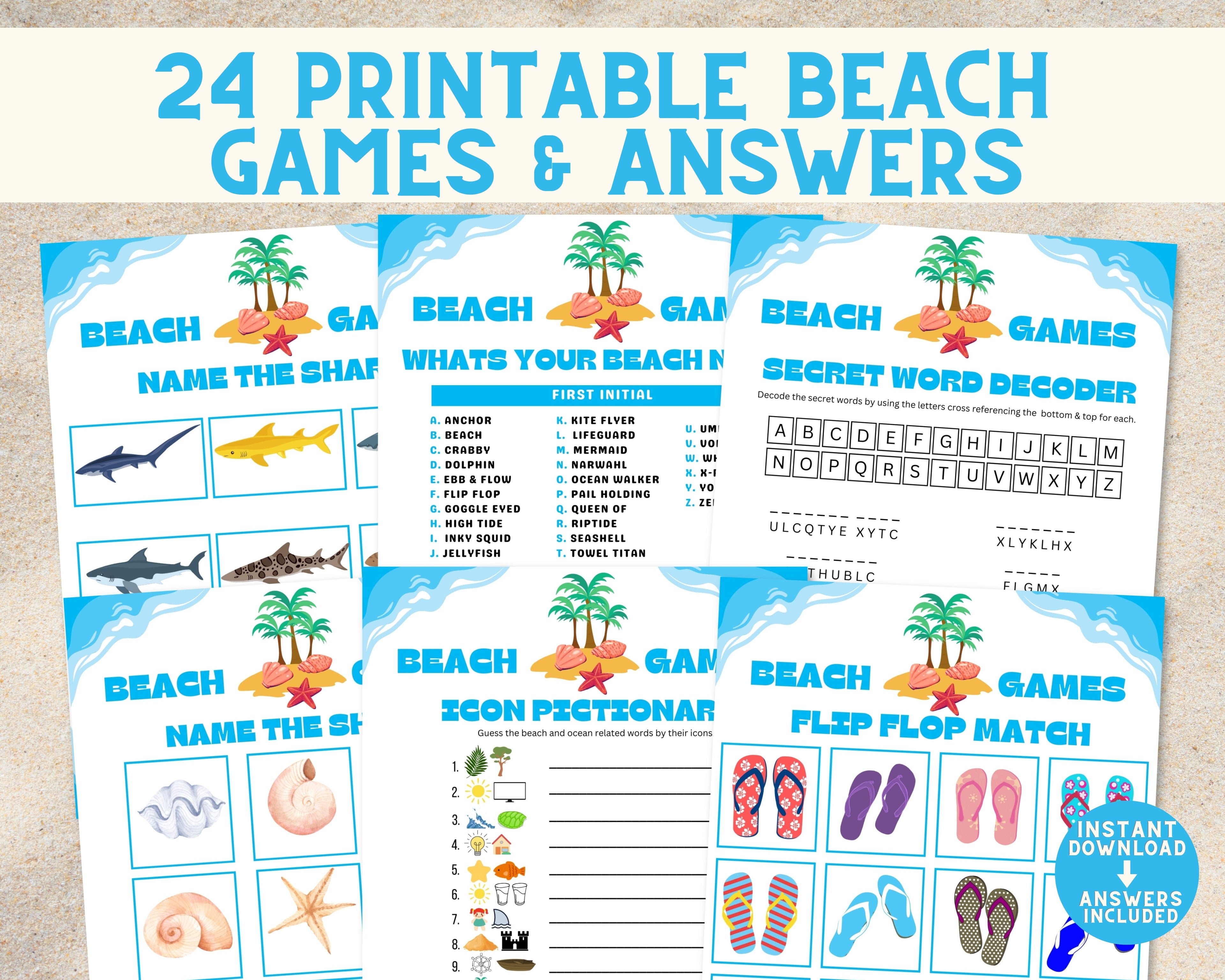 Printable Beach Games & Answers | Ocean Party Games For Kids And Adults | Summer Vacation DIY Shore Games Beach Day Family Ideas Activities