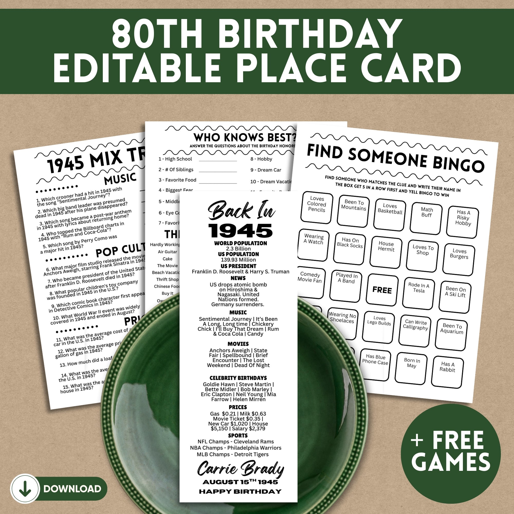 80th Birthday Printable Place Cards Games | Editable 80th Bday Party Decorations | Born In 1945 Table Cards Gifts For Her Him Back 1945 News