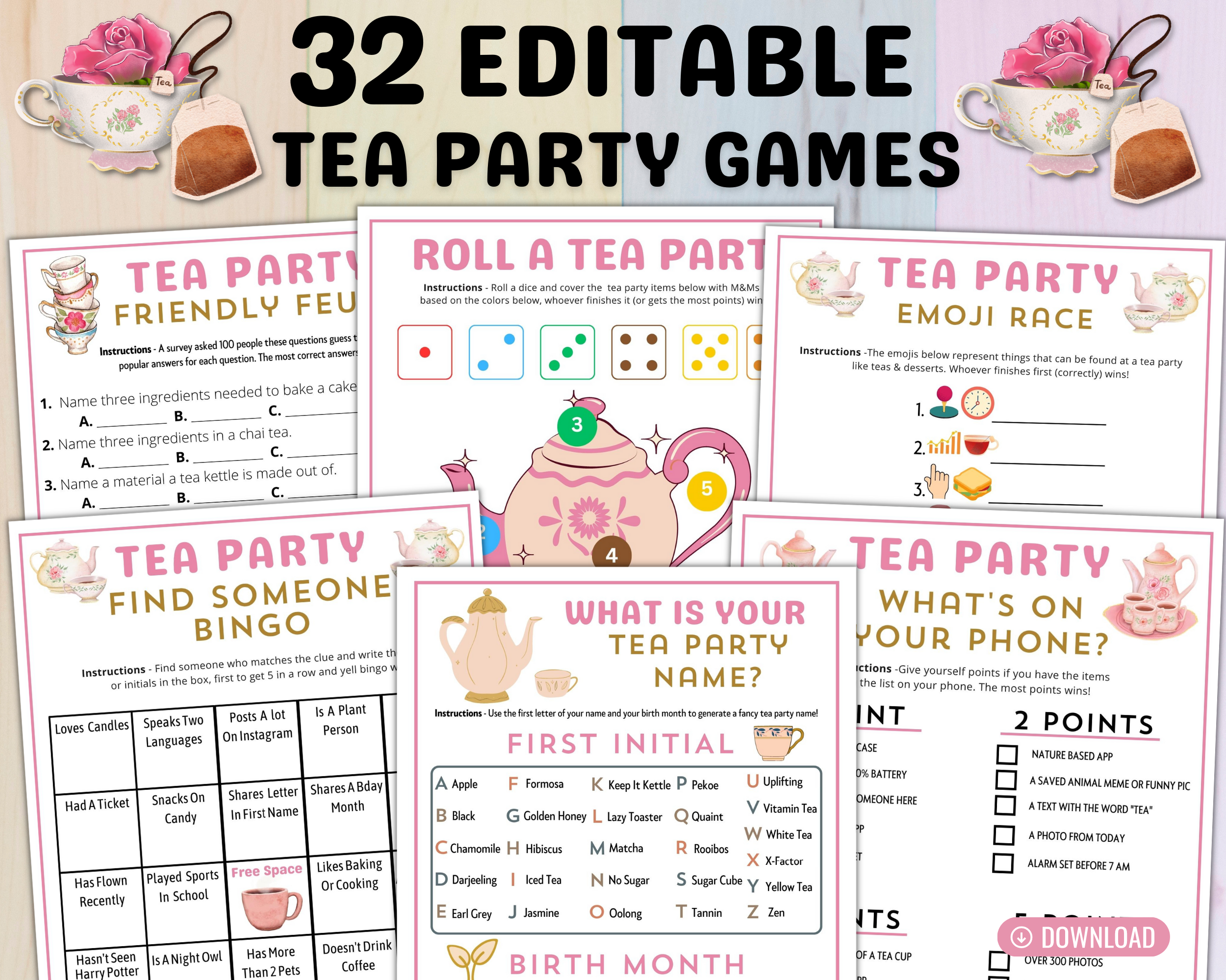 Printable Tea Party Games Adults Kids Toddler | Editable High Tea Quiz Activity Bundle | Bridal Baby Shower Birthday Tea Party Idea