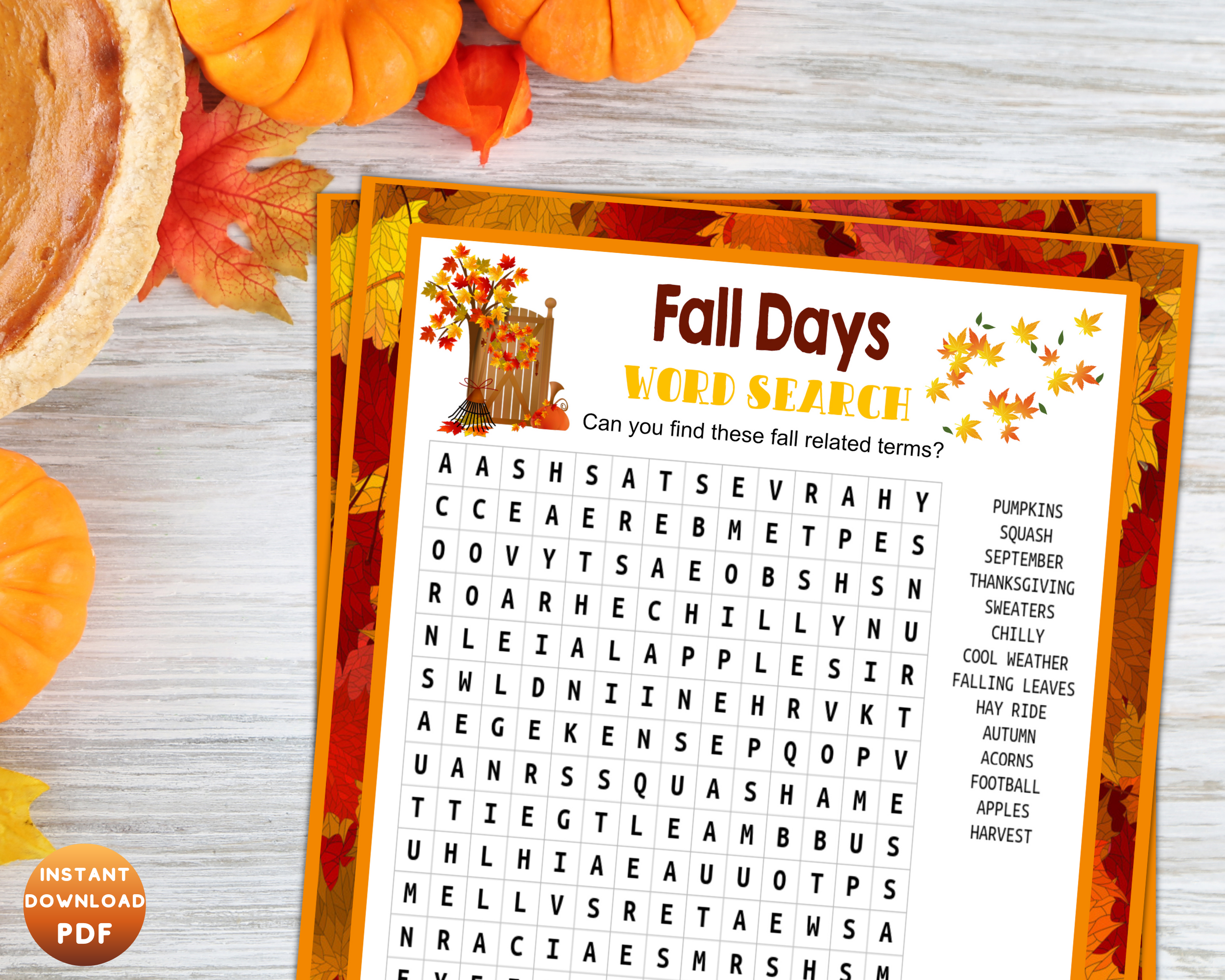 Fall Party Autumn Word Search Game, Printable Kids Activity Sheet, Instant Download
