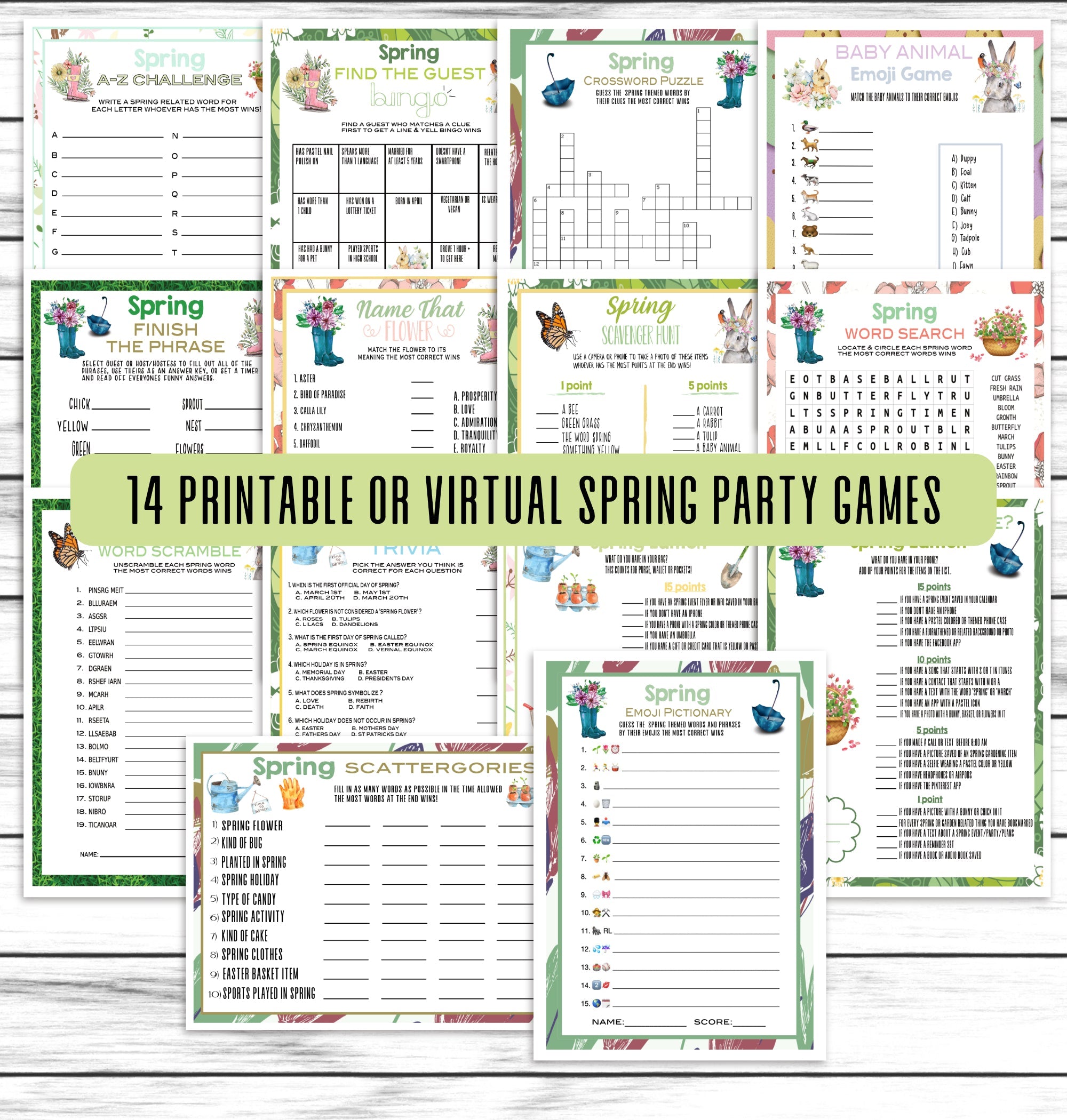 Spring Party Game Bundle, Kids Or Adults Spring Printable Or Virtual Fun Game Pack