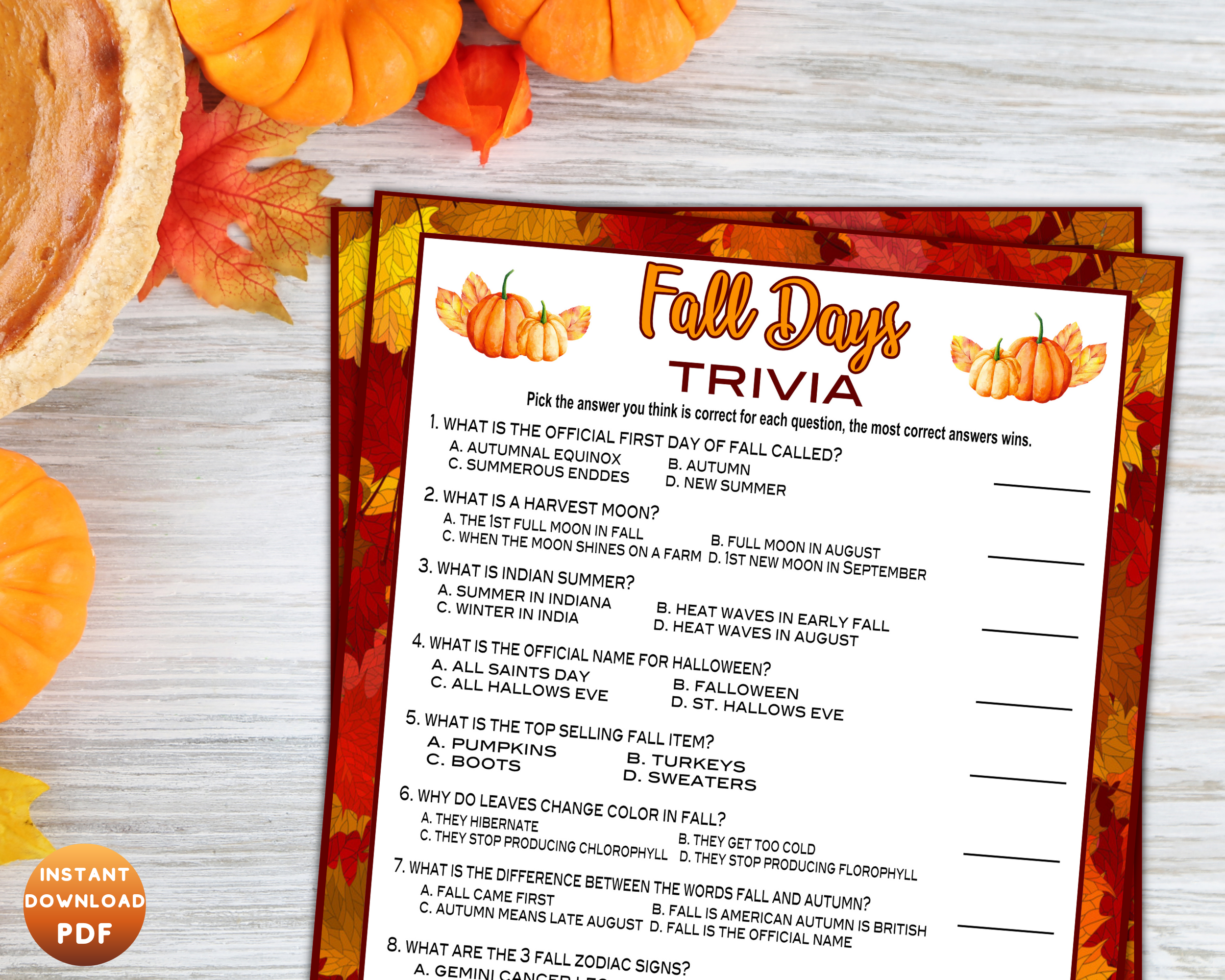 Fall Autumn Party Trivia Game, Printable or Virtual Kids Activity Sheet, Instant Download