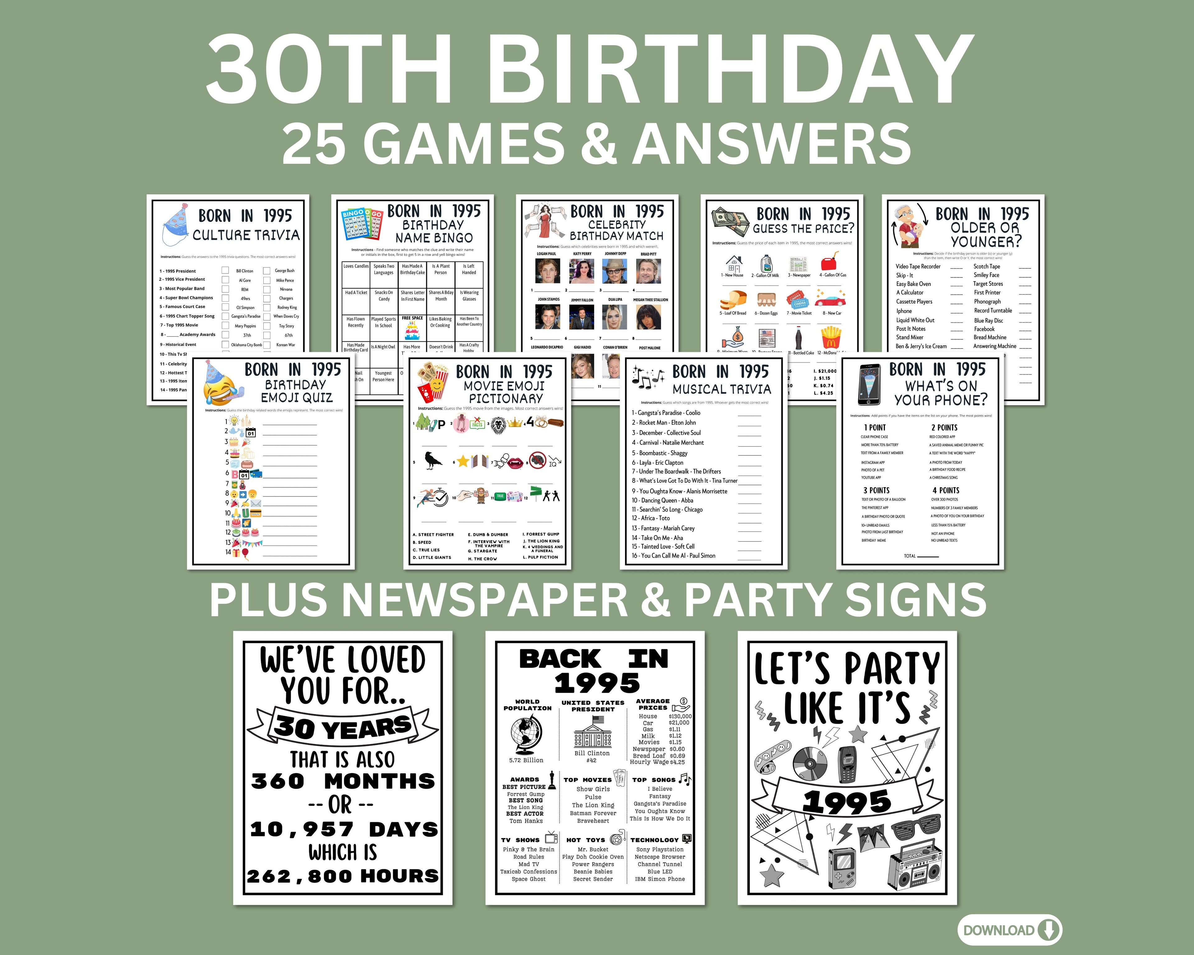 30th Birthday Printable Games Bundle | Born in 1995 Party Idea | 30th Bday Party Activities Man Woman 1995 Newspaper Poster Trivia Quiz