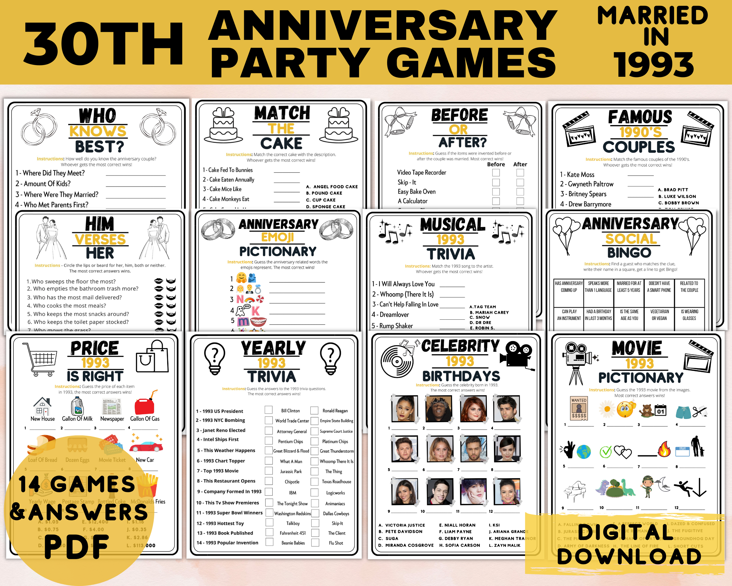 Printable 30th Anniversary Party Games | Married In 1993 | Pearl Wedding Ideas | Bingo, Emoji, Couples Trivia Quizzes 14 Set Bundle | Guest Book