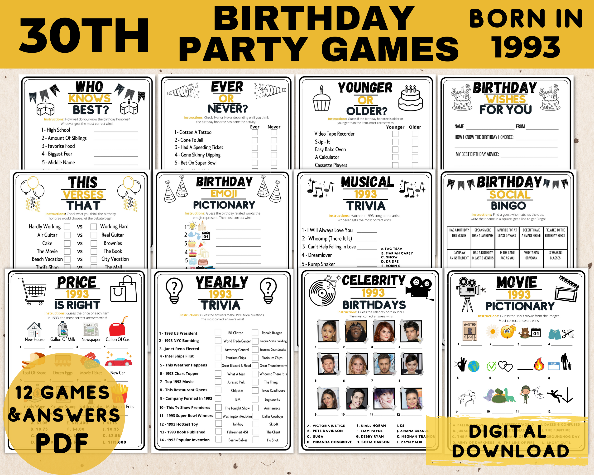 Printable 30th Birthday Party Games, 12 Set Bundle, Born in 1993, Bday Quizzes, Price is Right,Bingo, Guest Book, Emoji, 90s Music Trivia