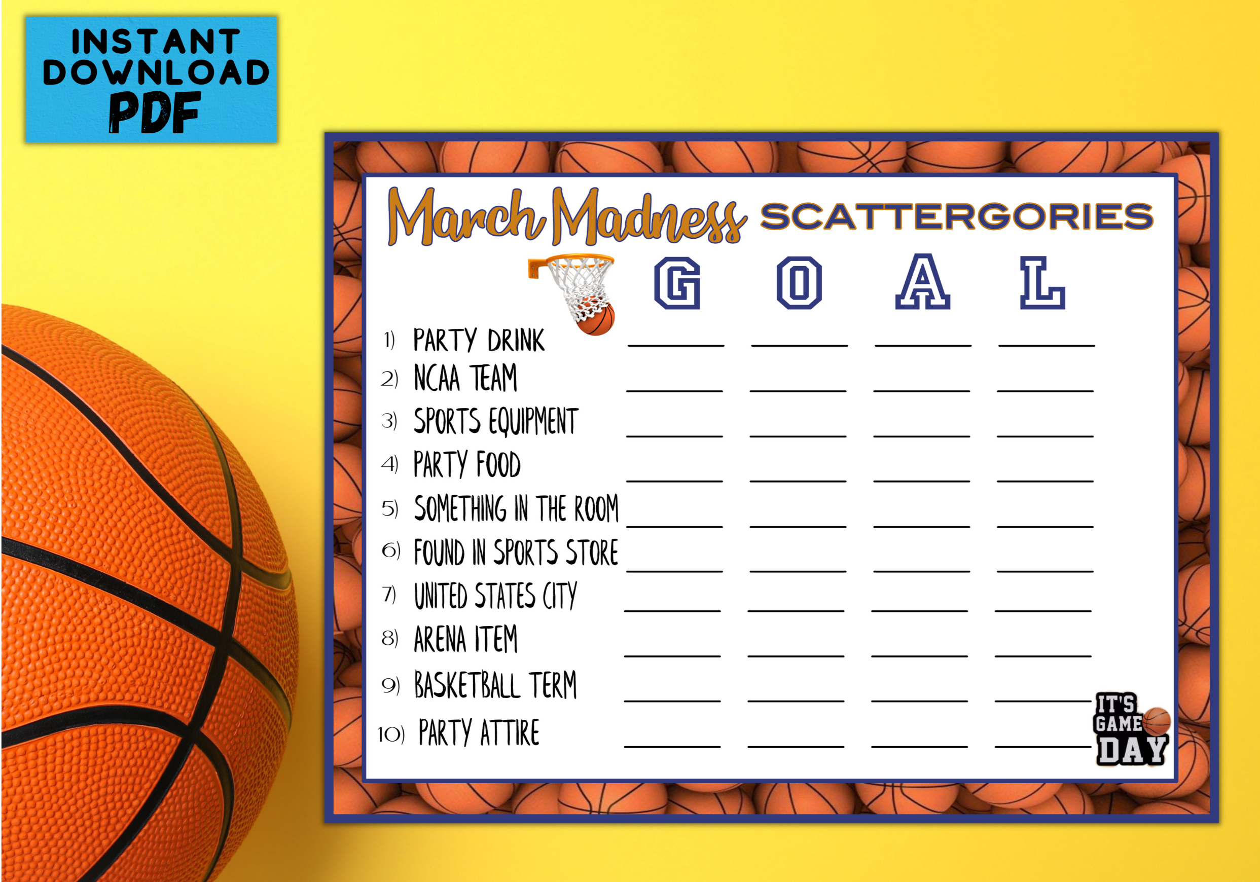 College Basketball Final Four Party Game, March Madness Scattergories, NCAA Printable Or Virtual Word Game, Instant Download