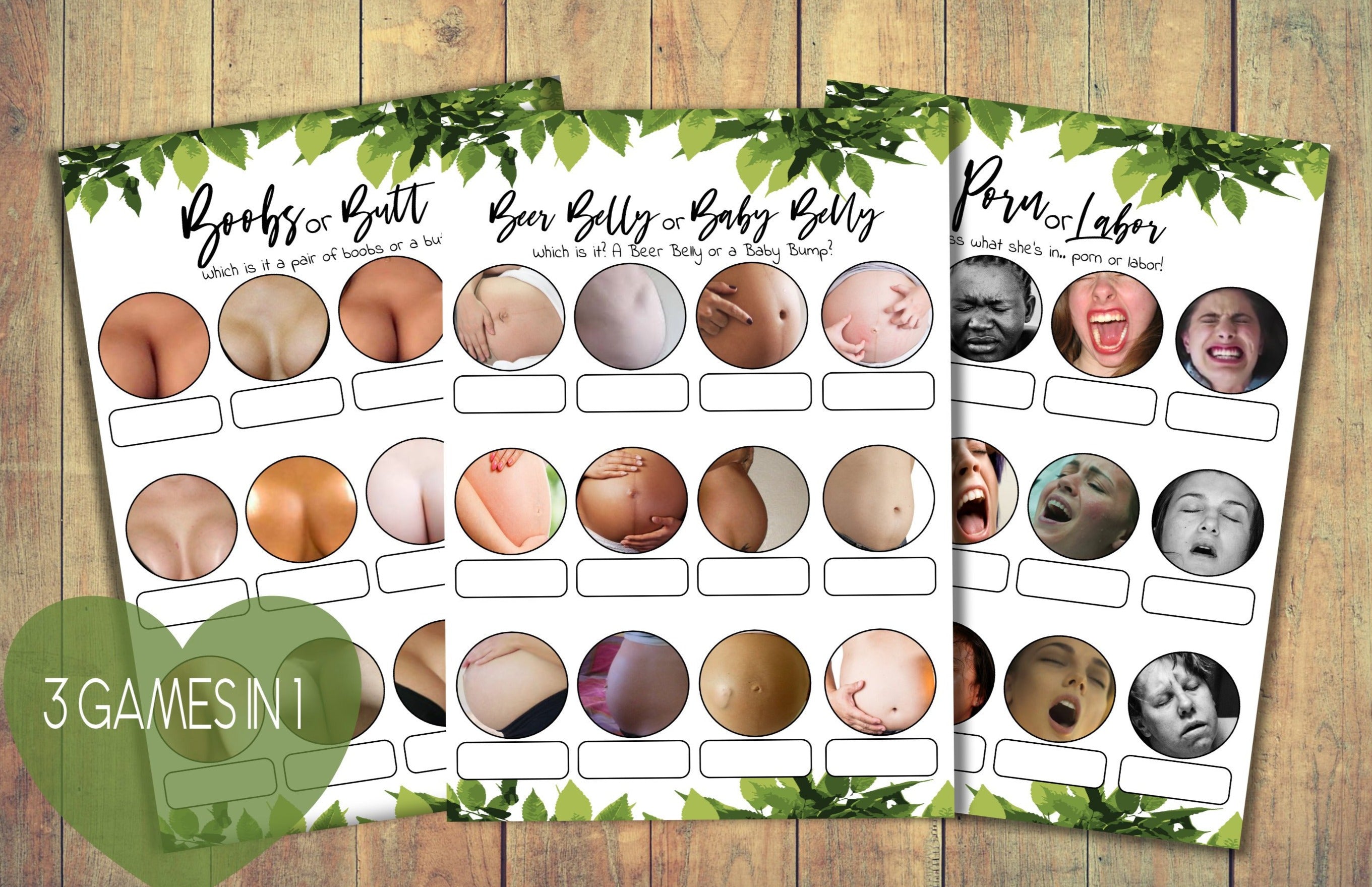 Green Leaf Baby Shower Games Set, Boobs or Butt, Labor or Porn, Beer Belly or Baby Bump, Printable Instant Download Games