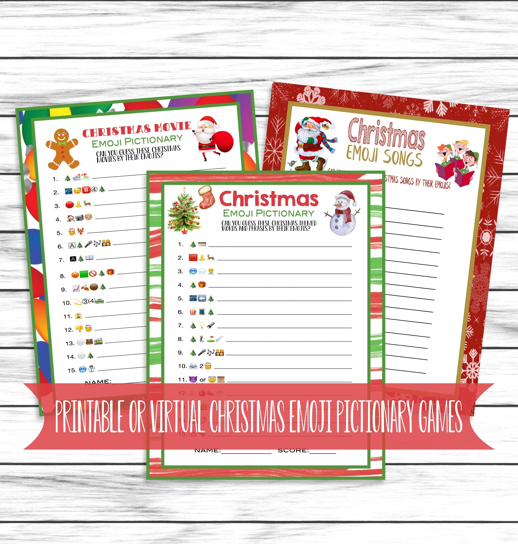 Christmas Emoji Pictionary Party Family Game Set, Printable or Virtual Kids Adults Activity Bundle, Instant Download