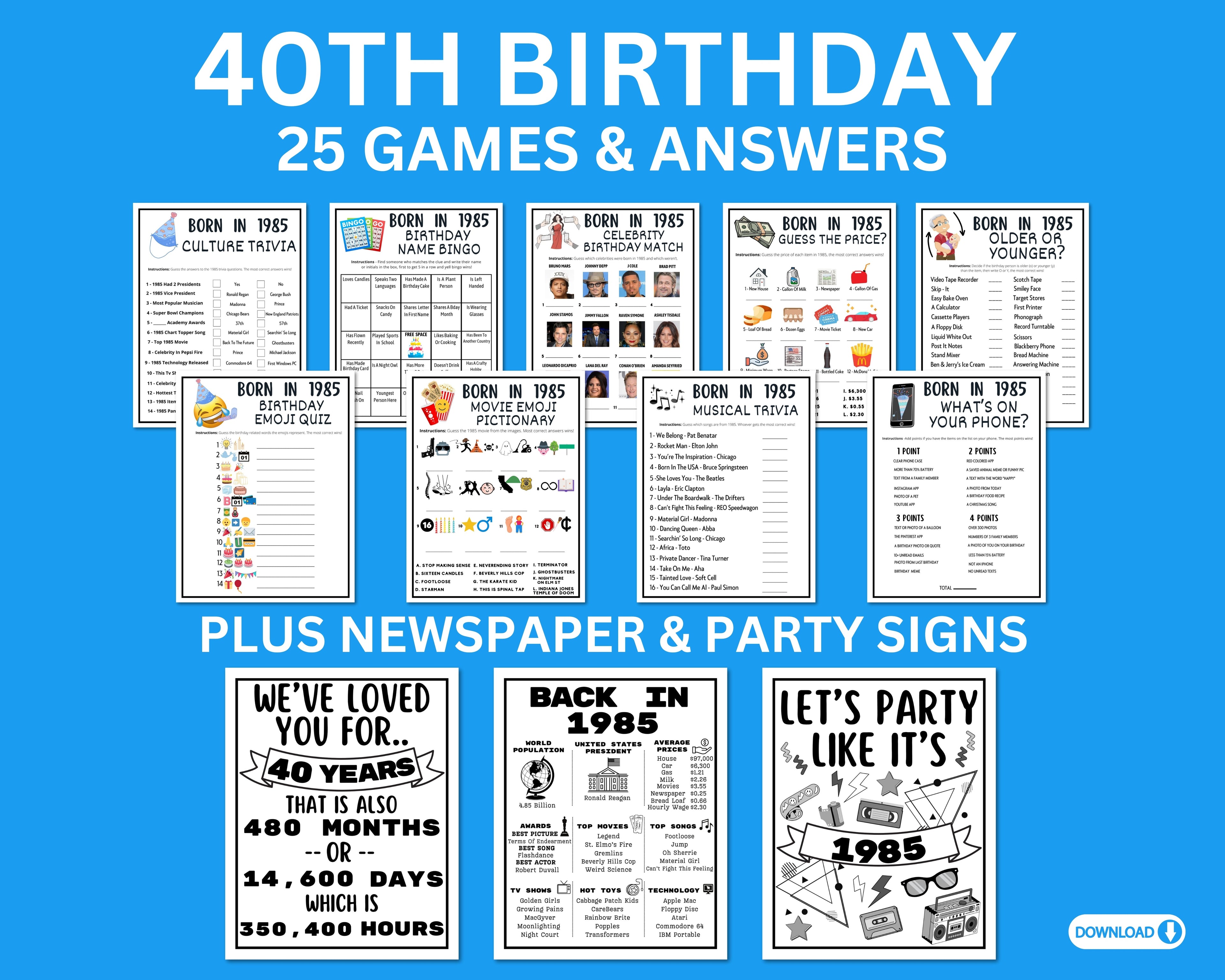 40th Birthday Printable Games Bundle | Born in 1985 Party Idea | 40th Bday Party Activities Man Woman 1984 Newspaper Poster Trivia Quiz