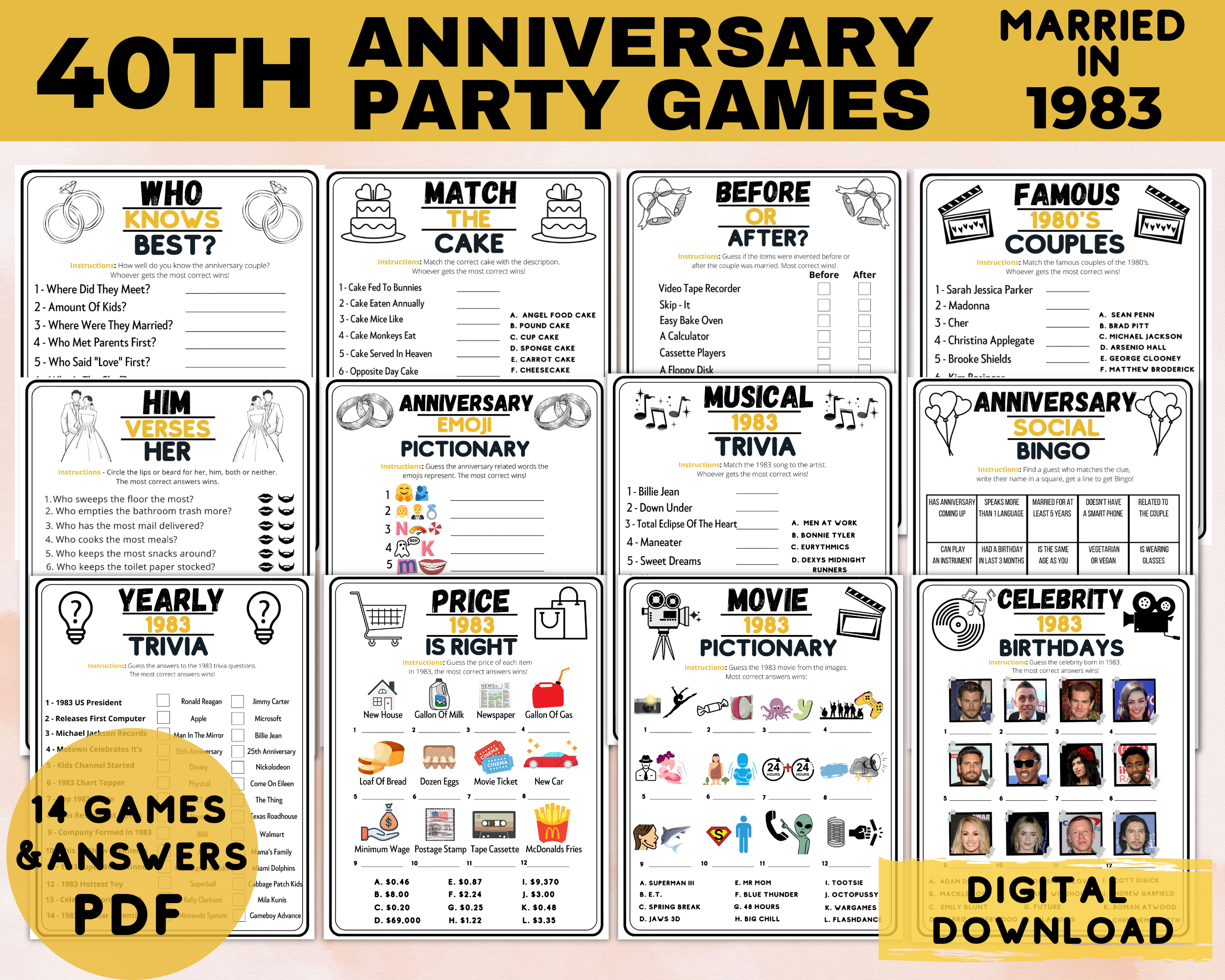 Printable 40th Anniversary Party Games | 1983 Wedding Anniversary Quizzes | Fun Theme Decor Idea