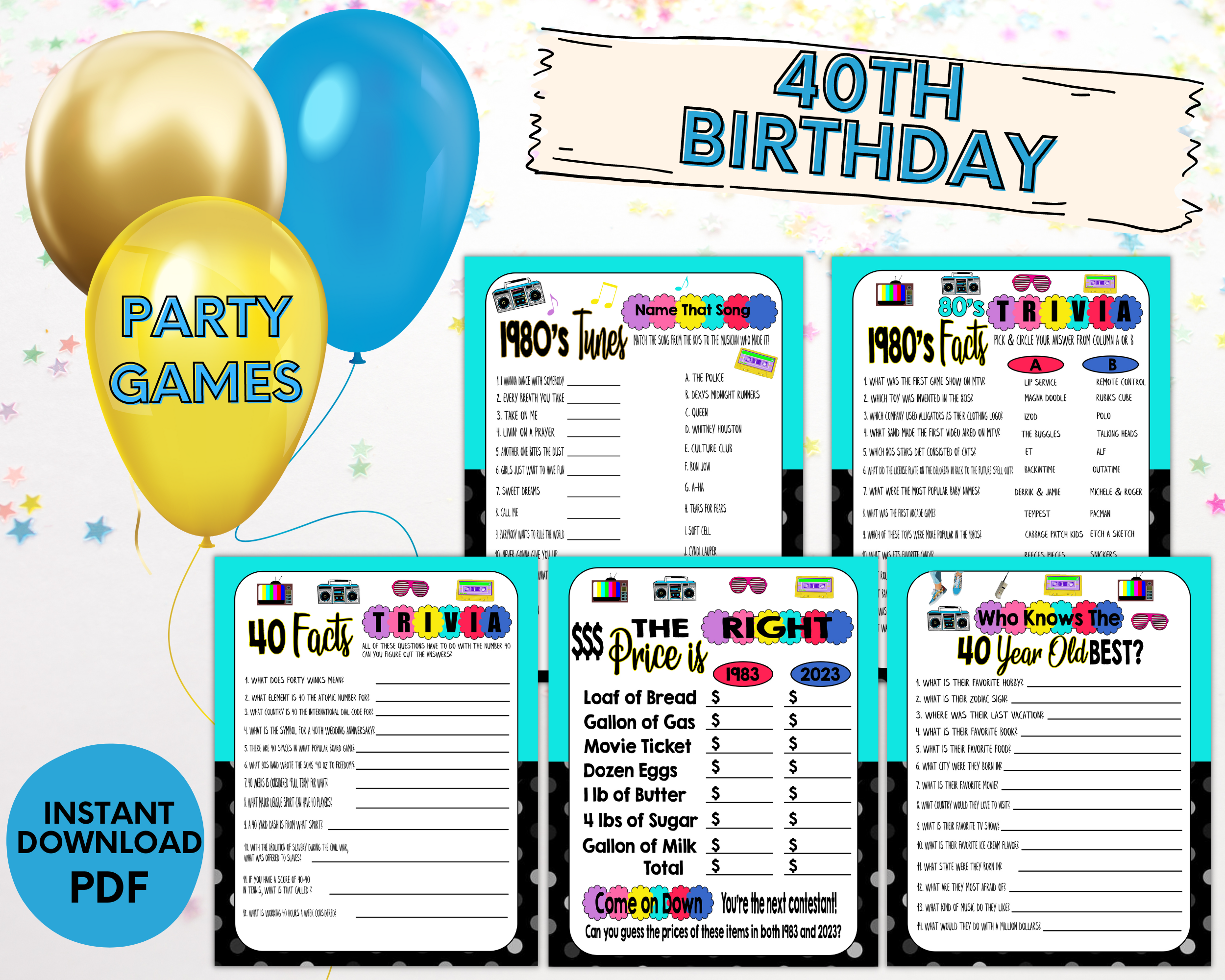 40th Birthday Party Printable Or Virtual Games, Decorations, Favors, Born in 1983, Turning 40, Instant Download