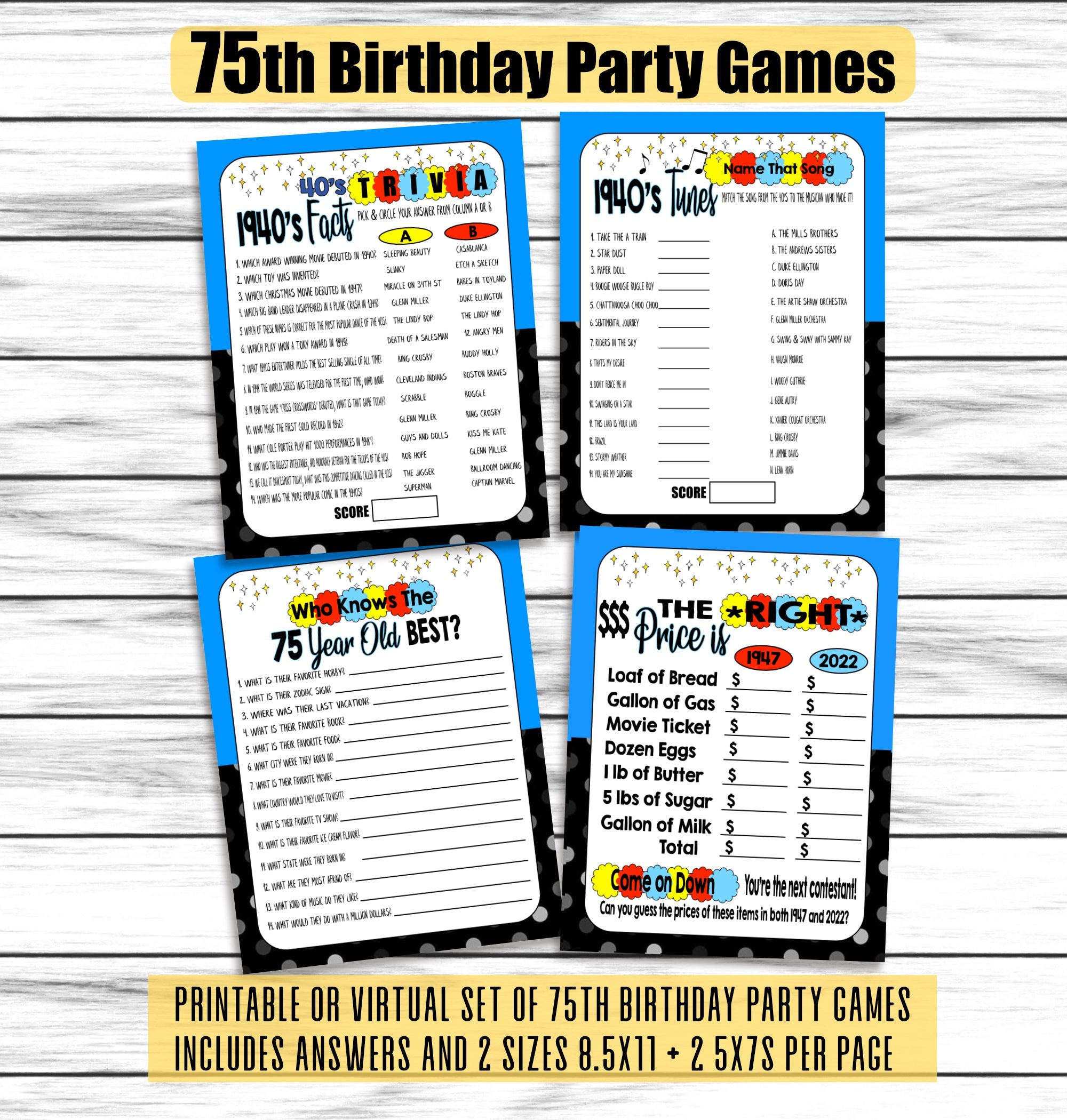 75th Birthday Party Games, 75th Birthday Ideas, 1947 Trivia Game, Price is Right Birthday Game, Printable or Virtual Games, Instant Download