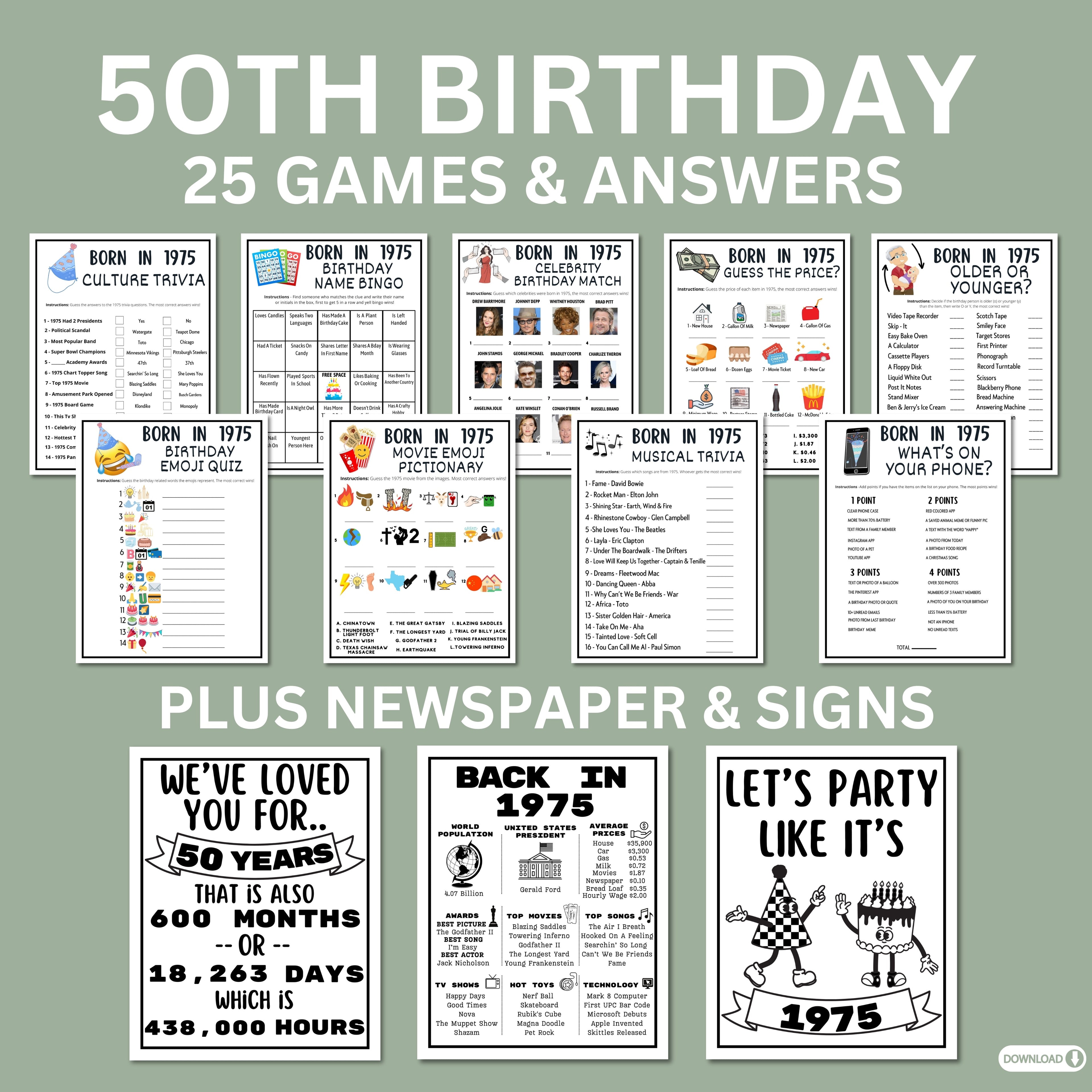 50th Birthday Printable Games Bundle | Born in 1975 Party Idea | 50th Bday Party Activities Man Woman 1974 Newspaper Poster Trivia Quiz
