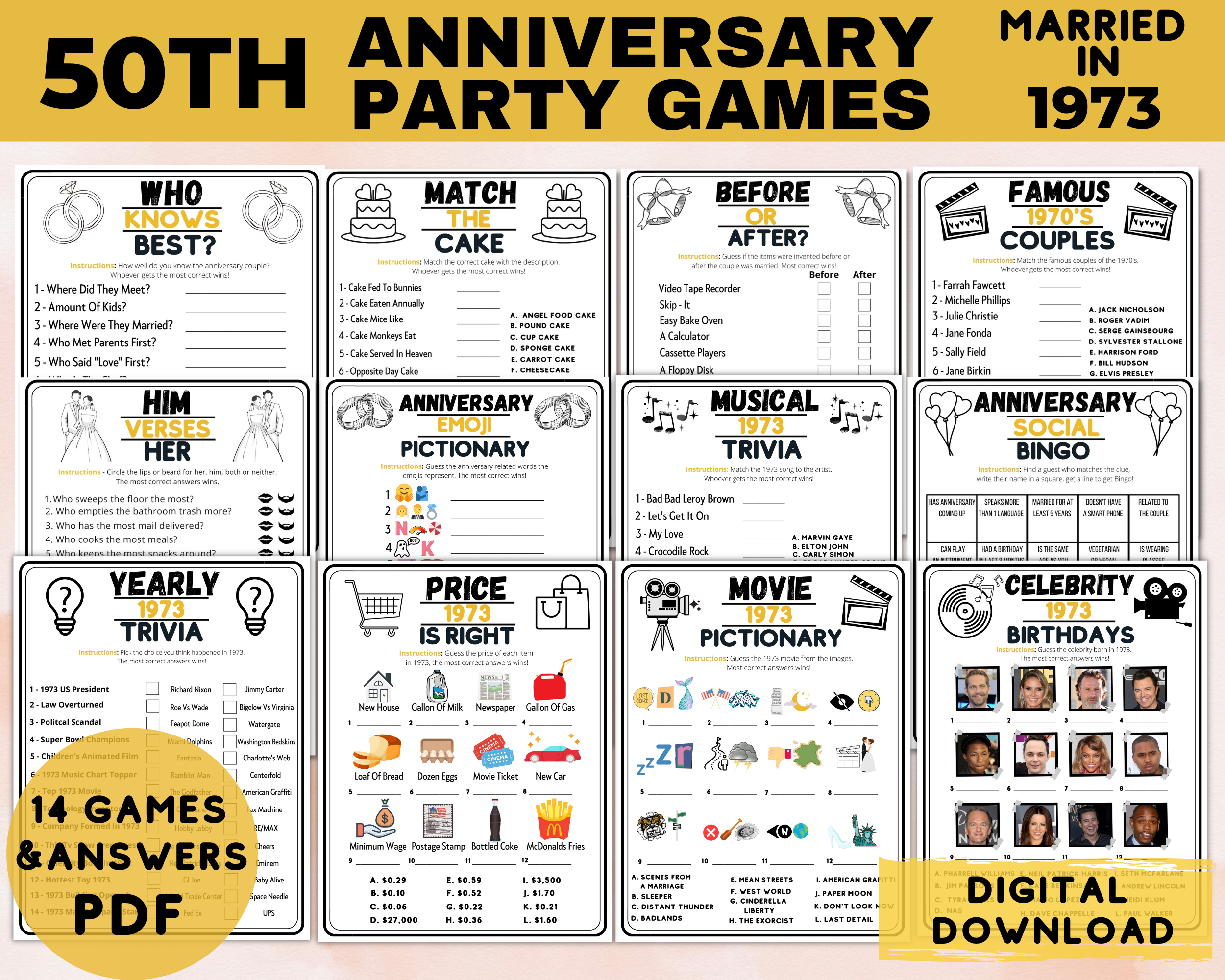 50th Anniversary Party Games | Decor Ideas | 1973 Wedding Anniversary | Printable Or Virtual Trivia Games